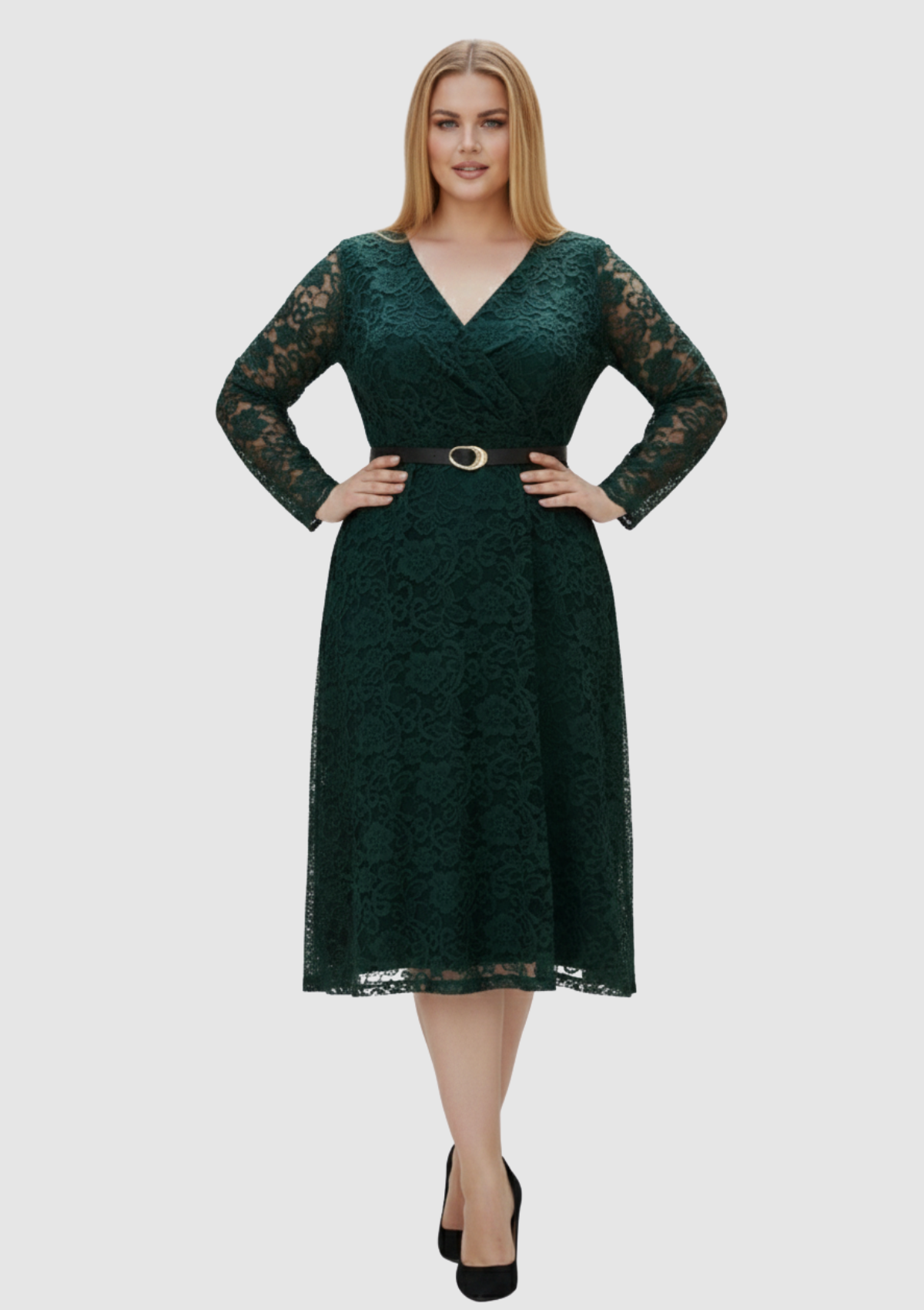 Büyük Beden Yeşil Renkli Dantel Kruvaze Yaka Abiye Elbise
