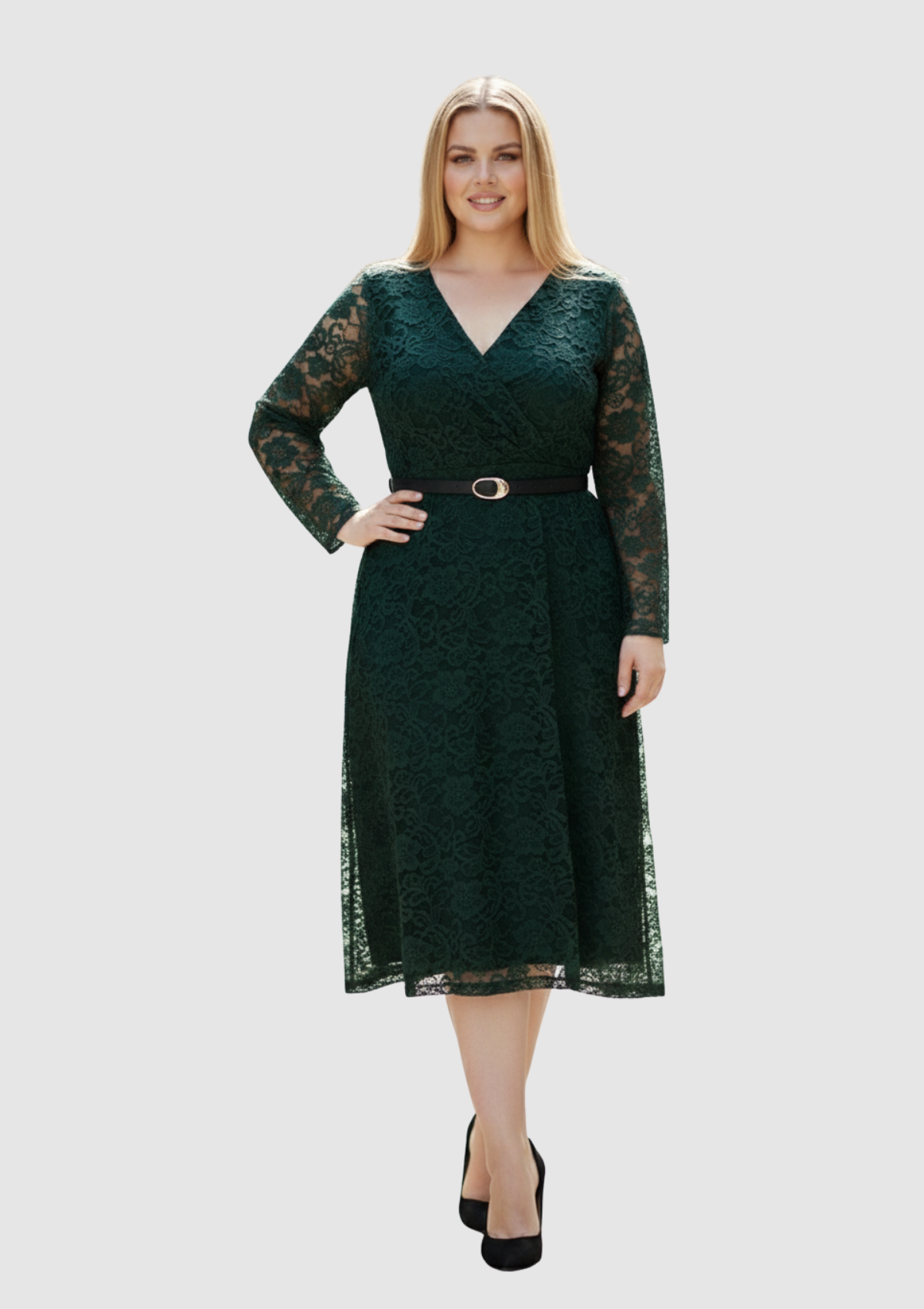 Büyük Beden Yeşil Renkli Dantel Kruvaze Yaka Abiye Elbise