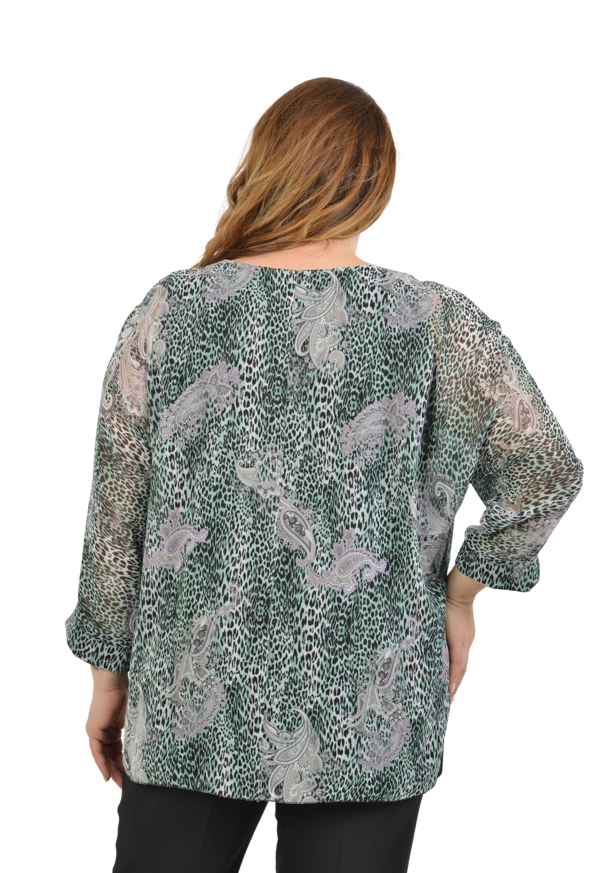 Büyük Beden Yeşil Renkli Desenli Şifon Bluz