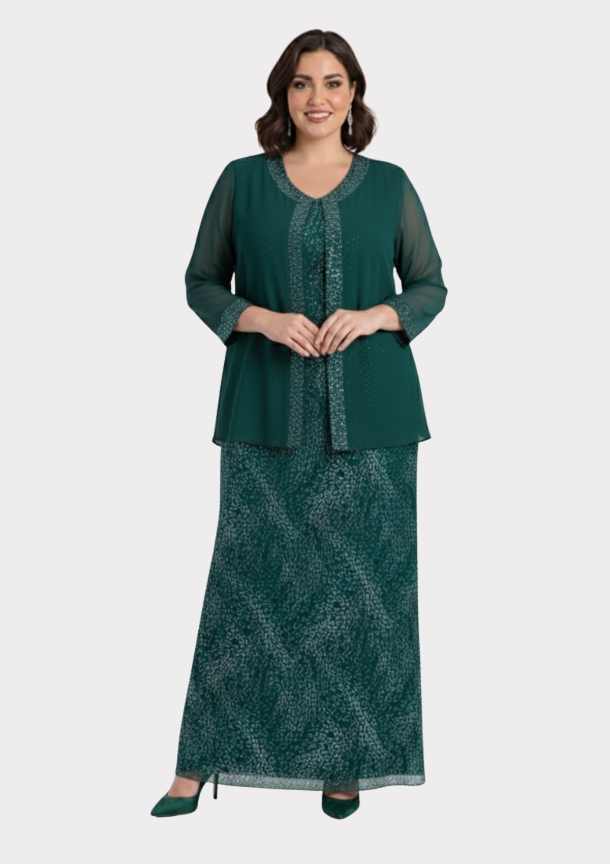 Büyük Beden Yeşil Renkli Glitter Baskı Dantelli Şifon Ceketli Uzun Abiye Elbise