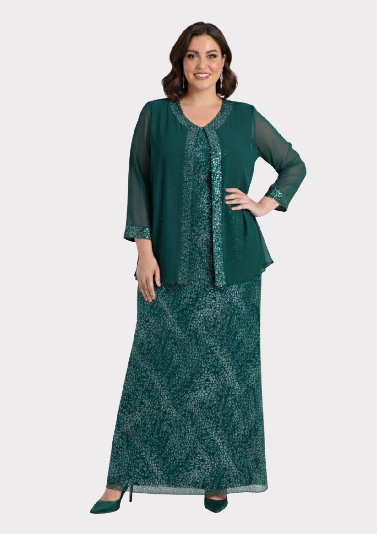 Büyük Beden Yeşil Renkli Glitter Baskı Dantelli Şifon Ceketli Uzun Abiye Elbise