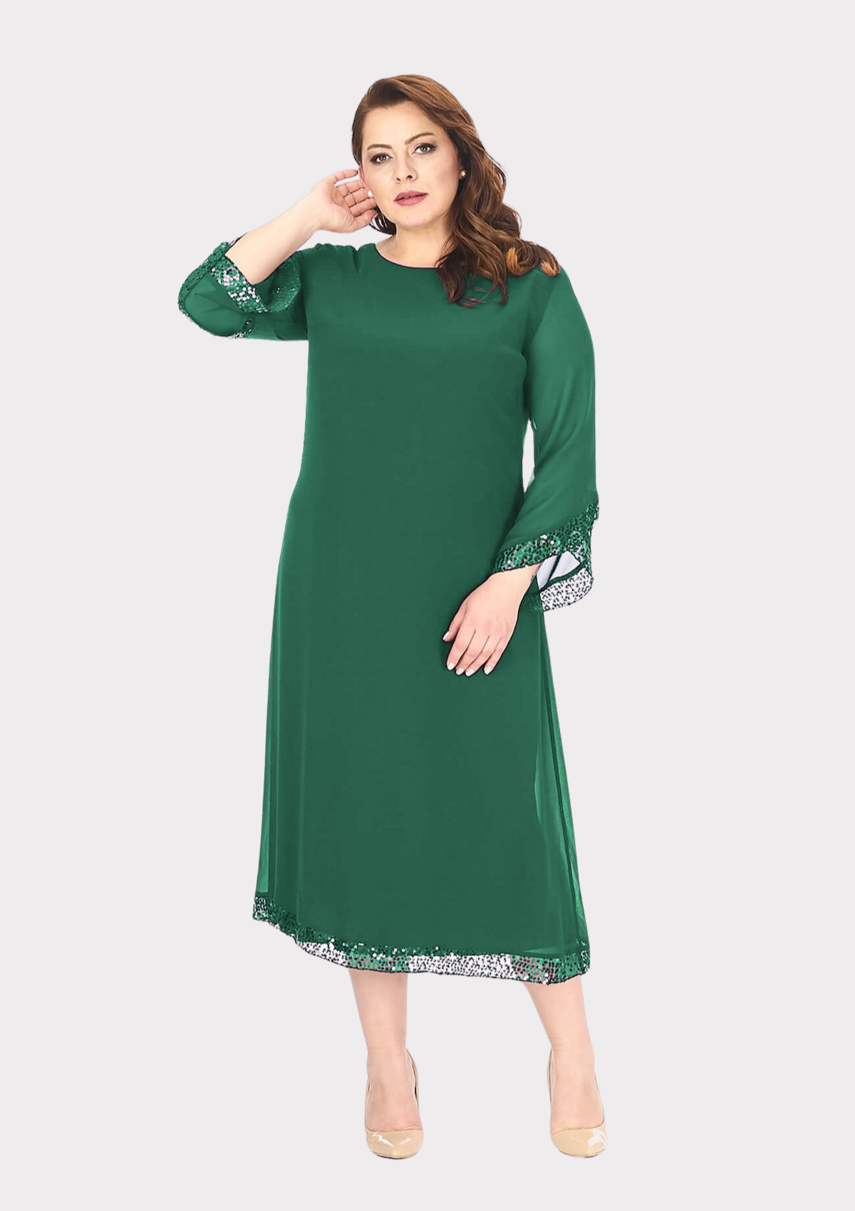 Büyük Beden Yeşil Renkli Kısa Şifon Abiye Elbise