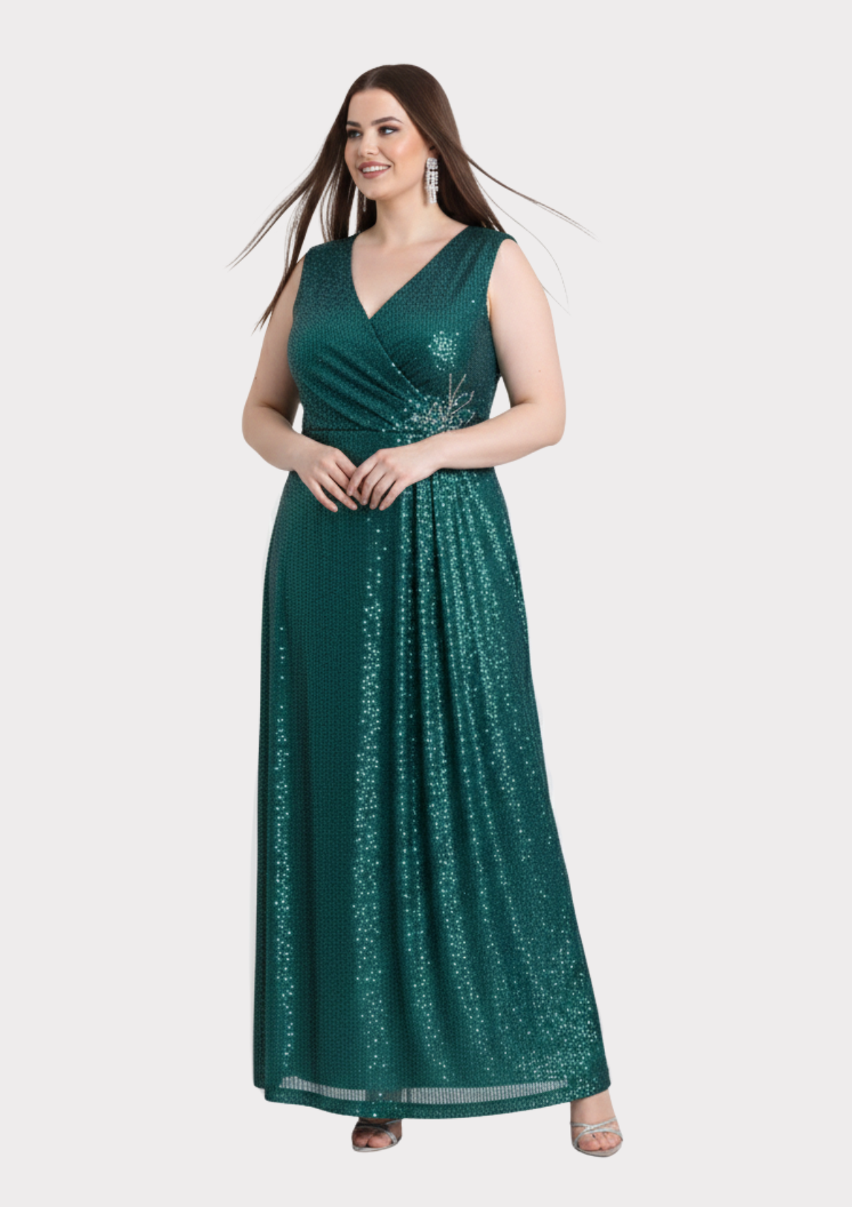 Büyük Beden Yeşil Renkli Payetli Likralı Uzun Abiye