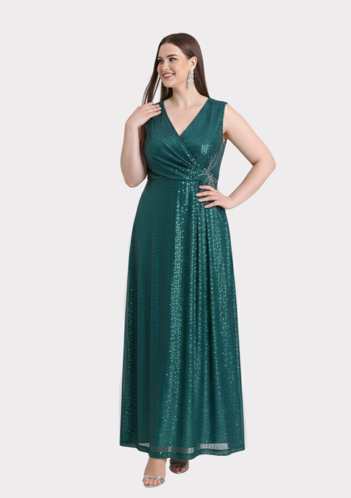 Büyük Beden Yeşil Renkli Payetli Likralı Uzun Abiye