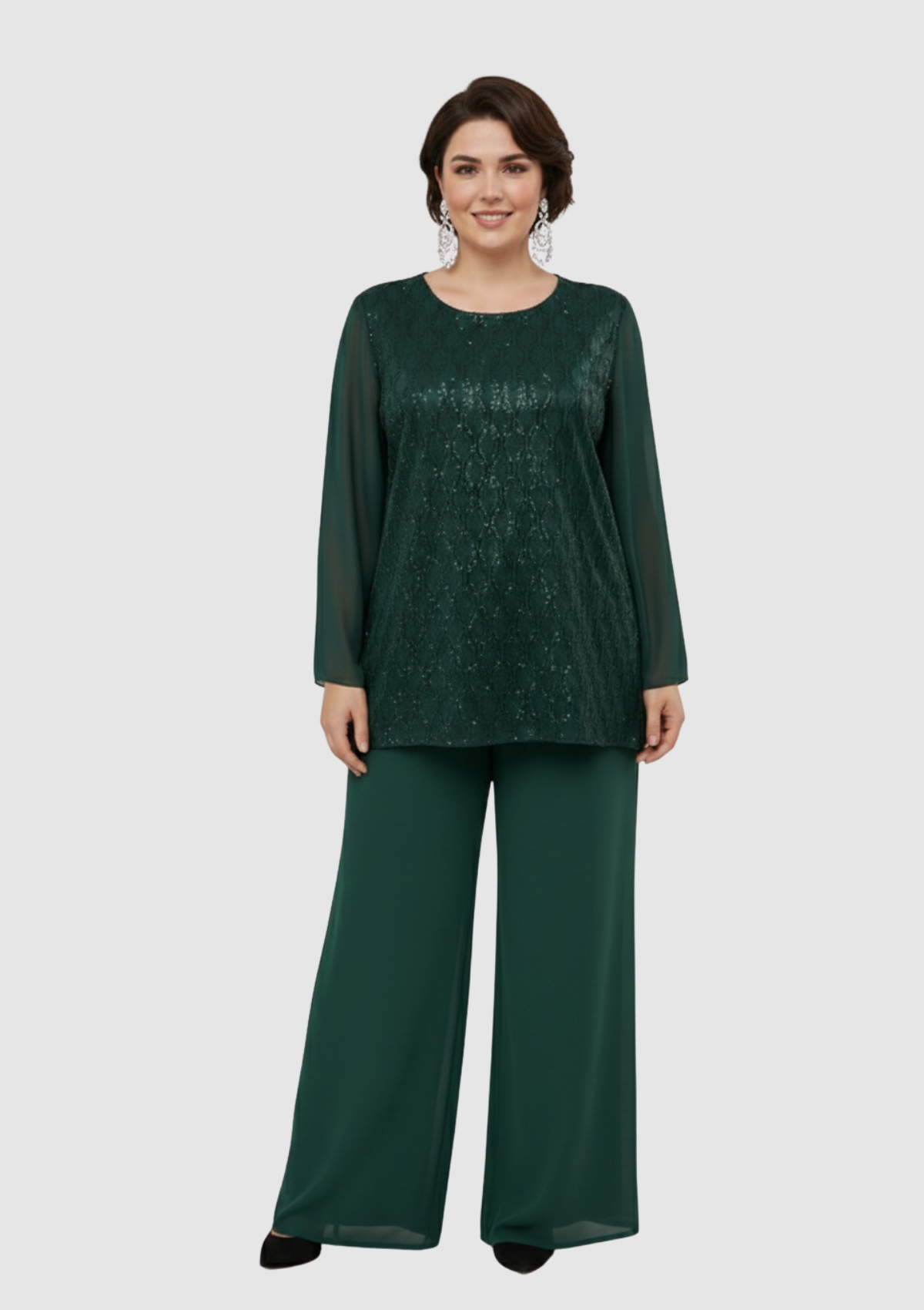 Büyük Beden Yeşil Renkli Şifon Abiye Pantolon Bluz Takım