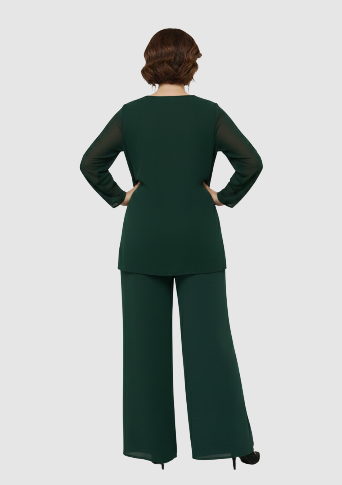 Büyük Beden Yeşil Renkli Şifon Abiye Pantolon Bluz Takım