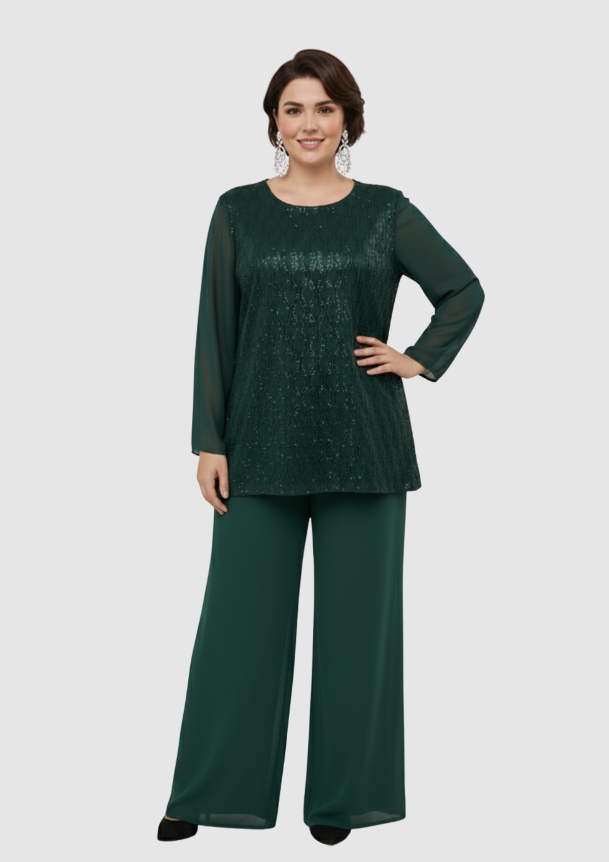 Büyük Beden Yeşil Renkli Şifon Abiye Pantolon Bluz Takım