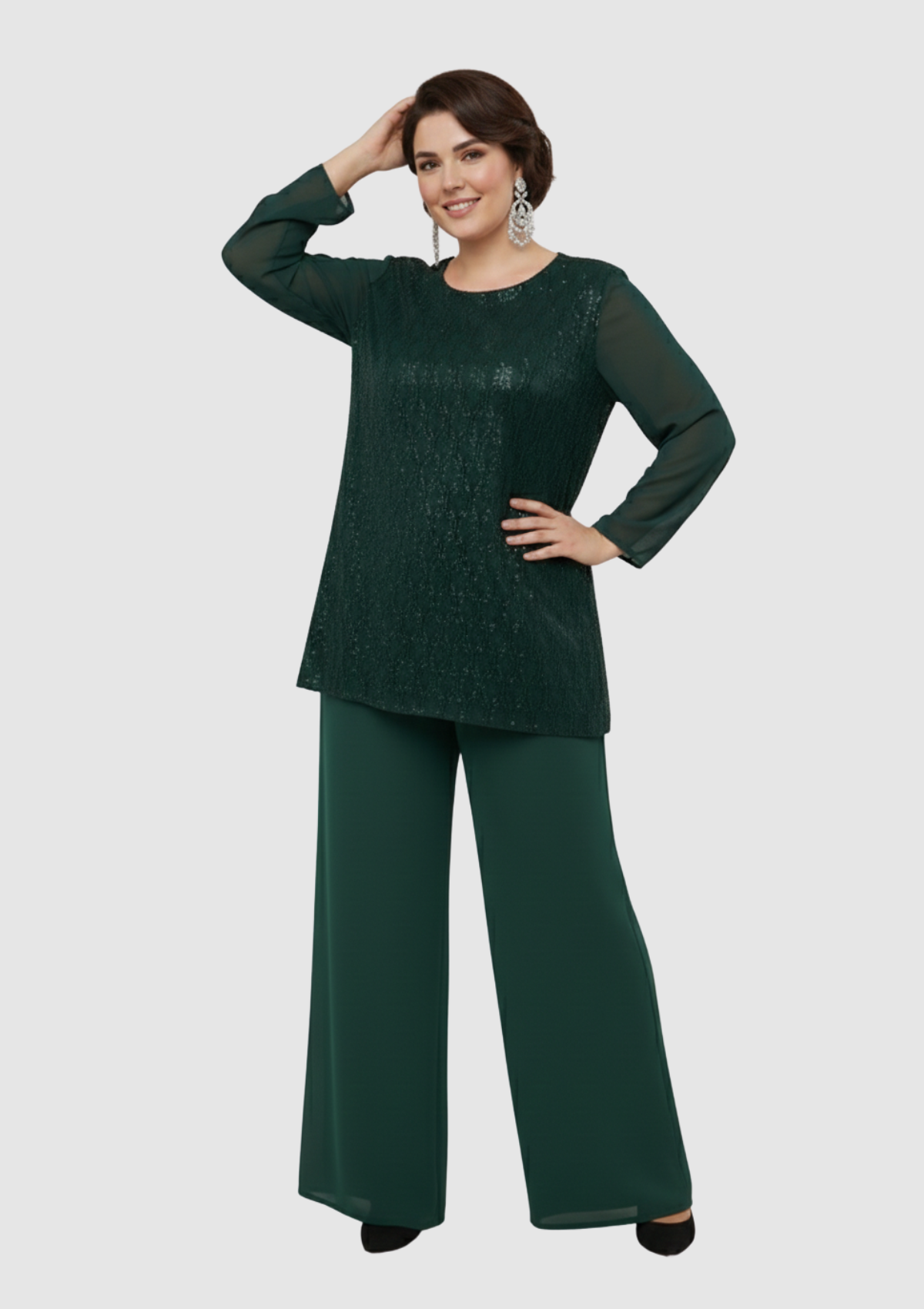 Büyük Beden Yeşil Renkli Şifon Abiye Pantolon Bluz Takım