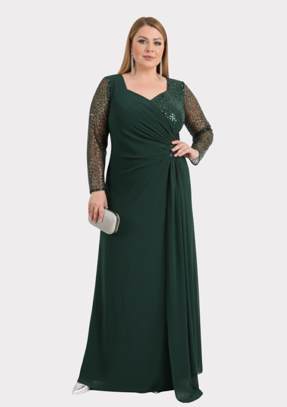 Büyük Beden Yeşil Renkli Şifon Uzun Abiye Elbise