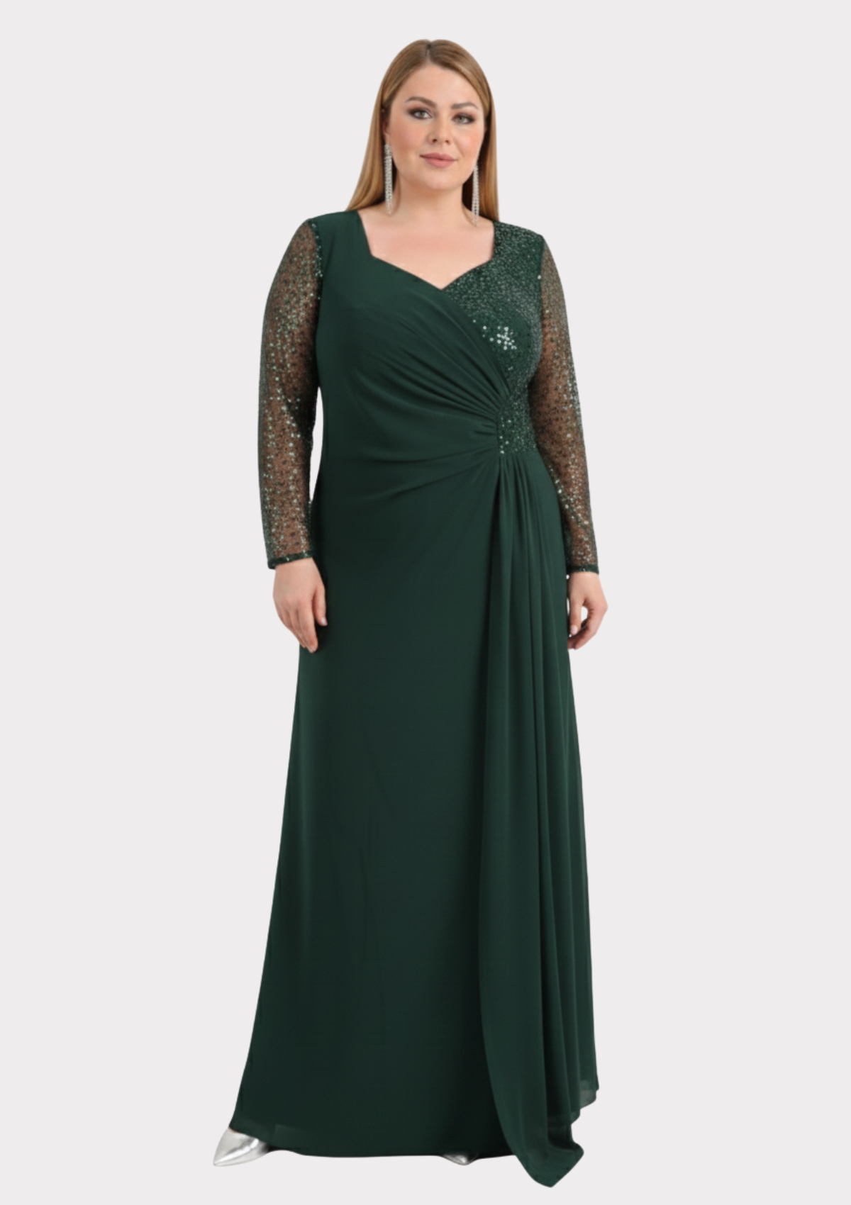 Büyük Beden Yeşil Renkli Şifon Uzun Abiye Elbise