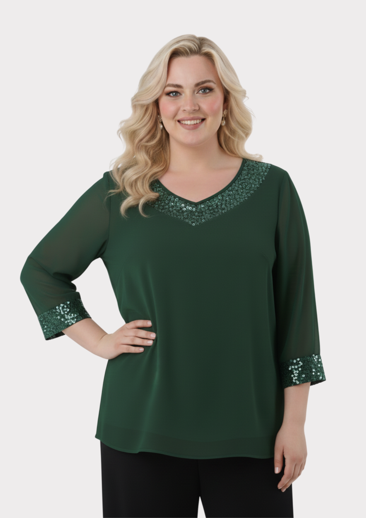 Büyük Beden Yeşil Renkli Şifon V Yaka Abiye Bluz