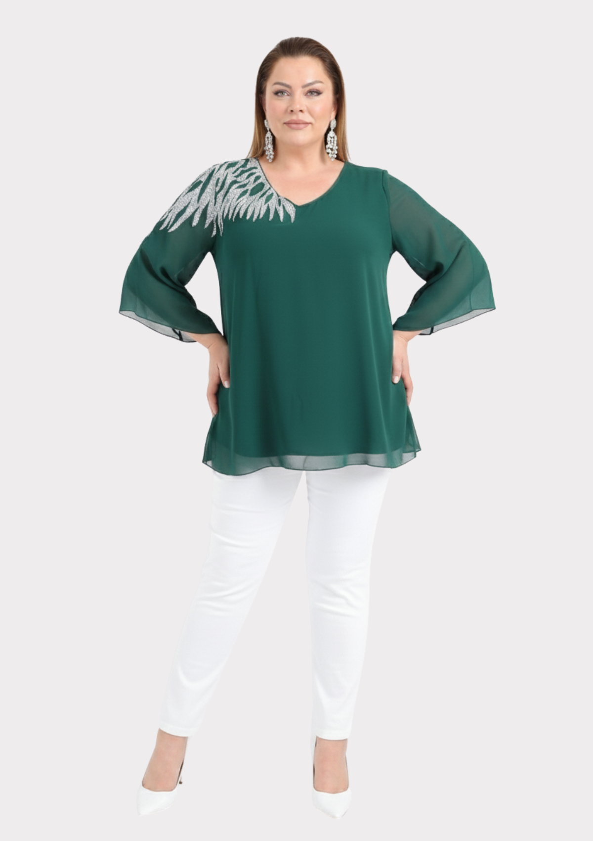 Büyük Beden Yeşil Renkli Şifon V Yaka Abiye Bluz
