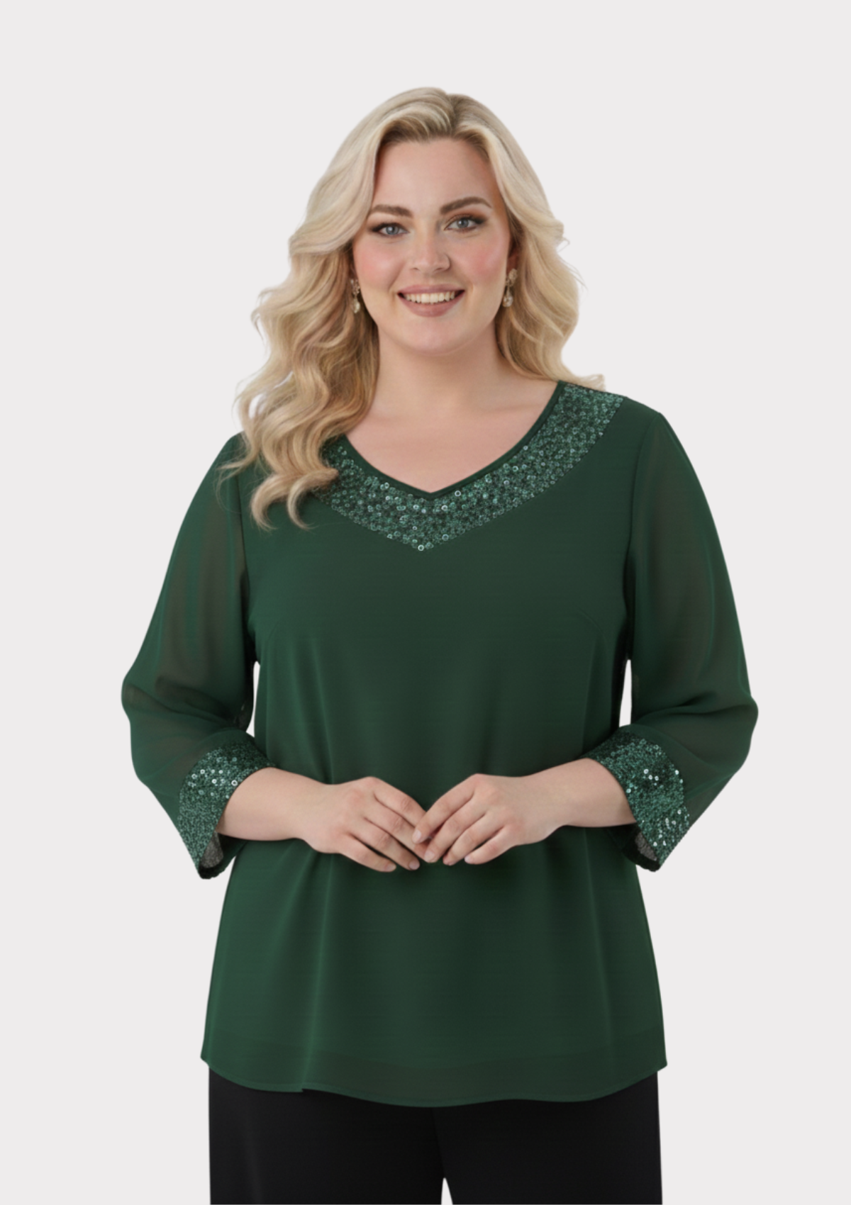 Büyük Beden Yeşil Renkli Şifon V Yaka Abiye Bluz