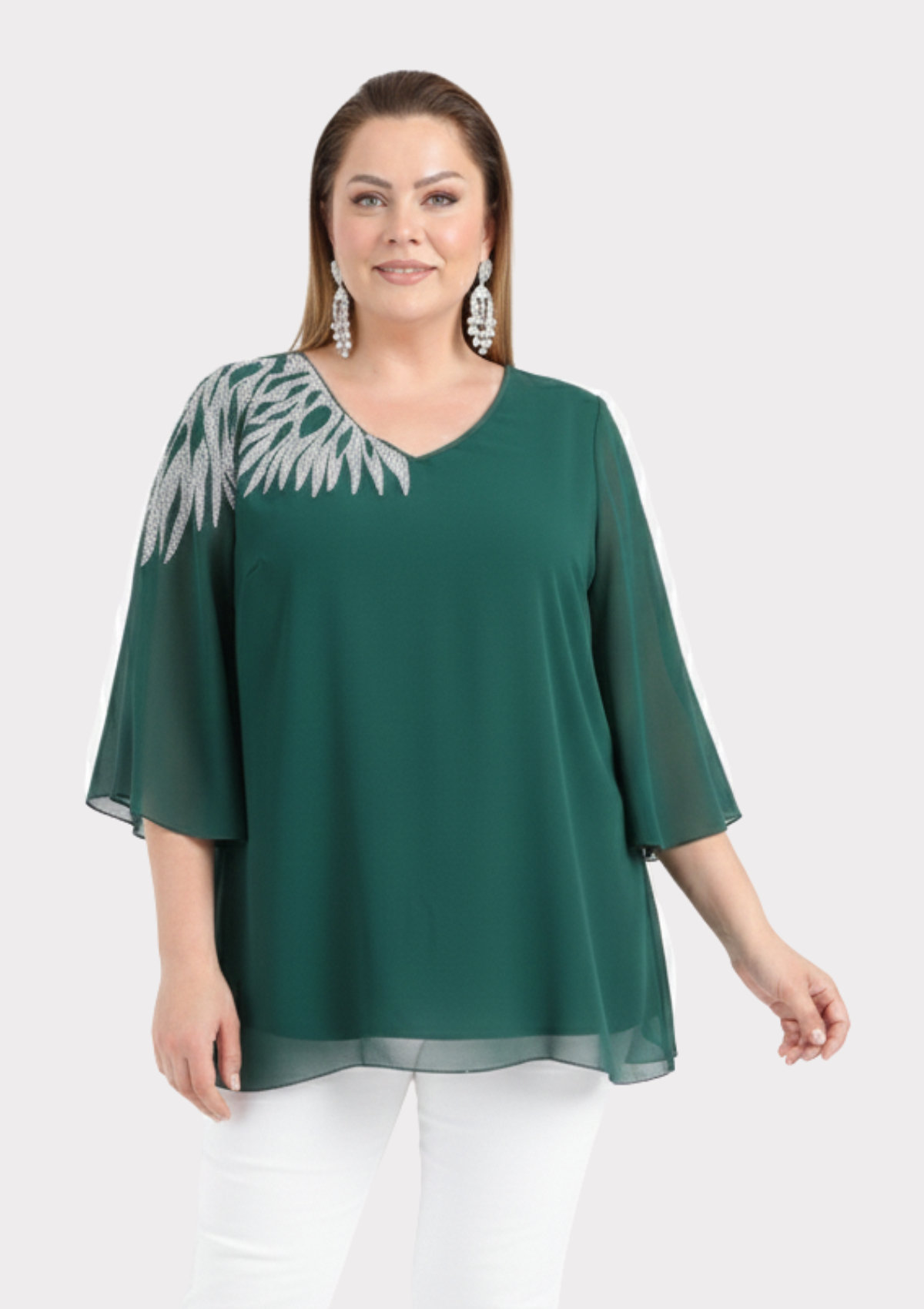 Büyük Beden Yeşil Renkli Şifon V Yaka Abiye Bluz