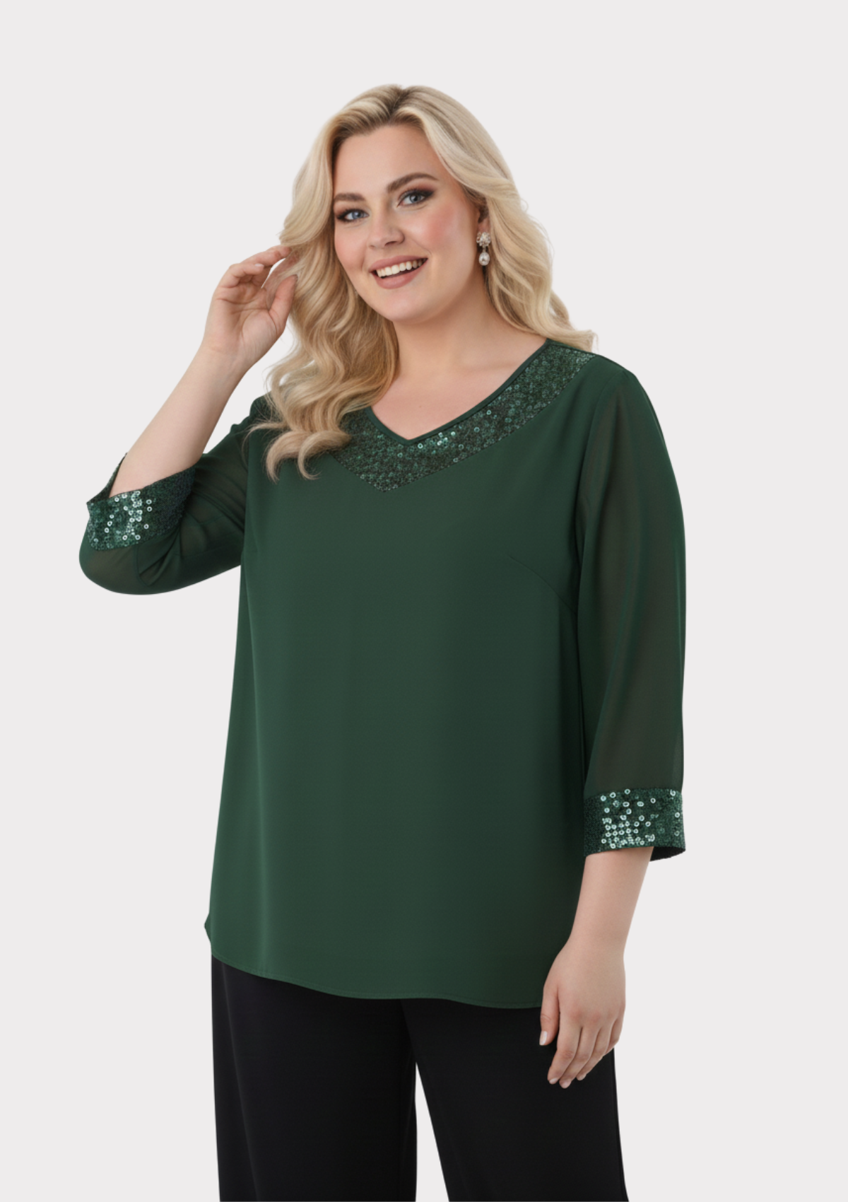 Büyük Beden Yeşil Renkli Şifon V Yaka Abiye Bluz