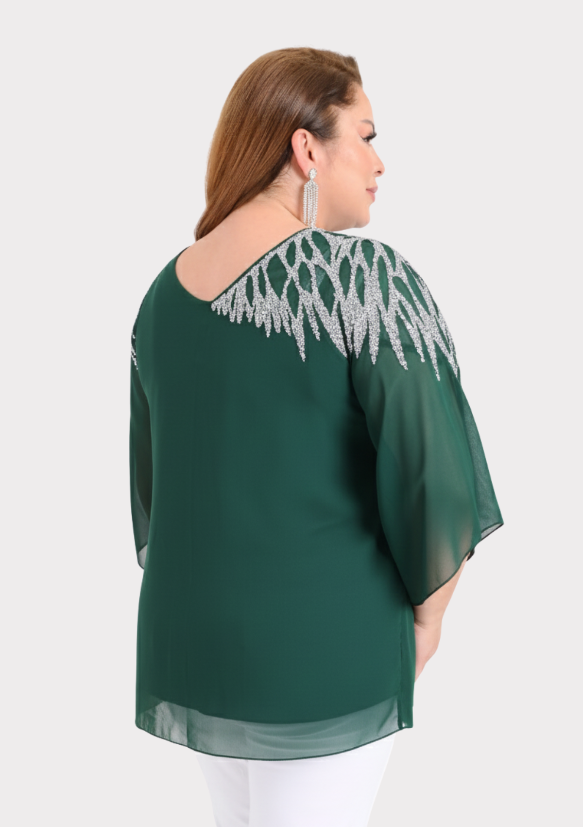 Büyük Beden Yeşil Renkli Şifon V Yaka Abiye Bluz