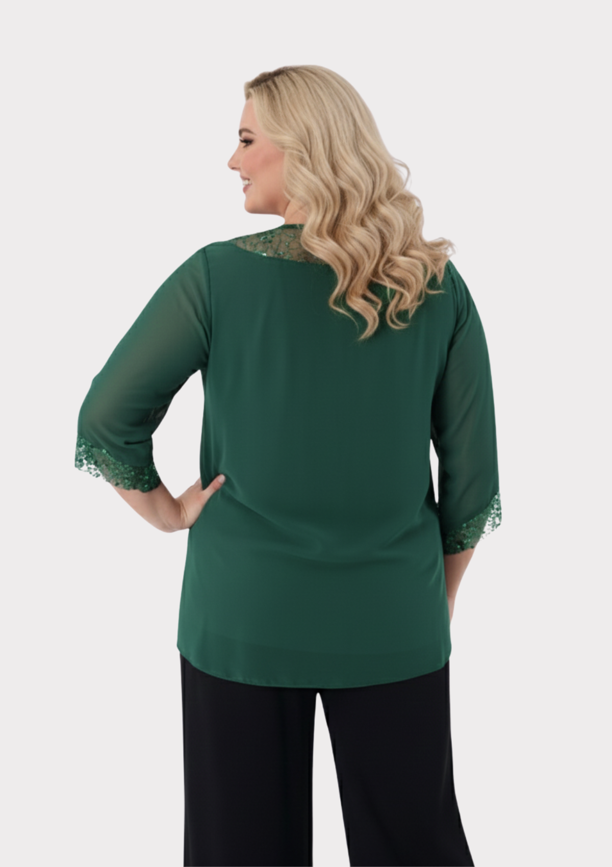 Büyük Beden Yeşil Renkli Şifon V Yaka Abiye Bluz