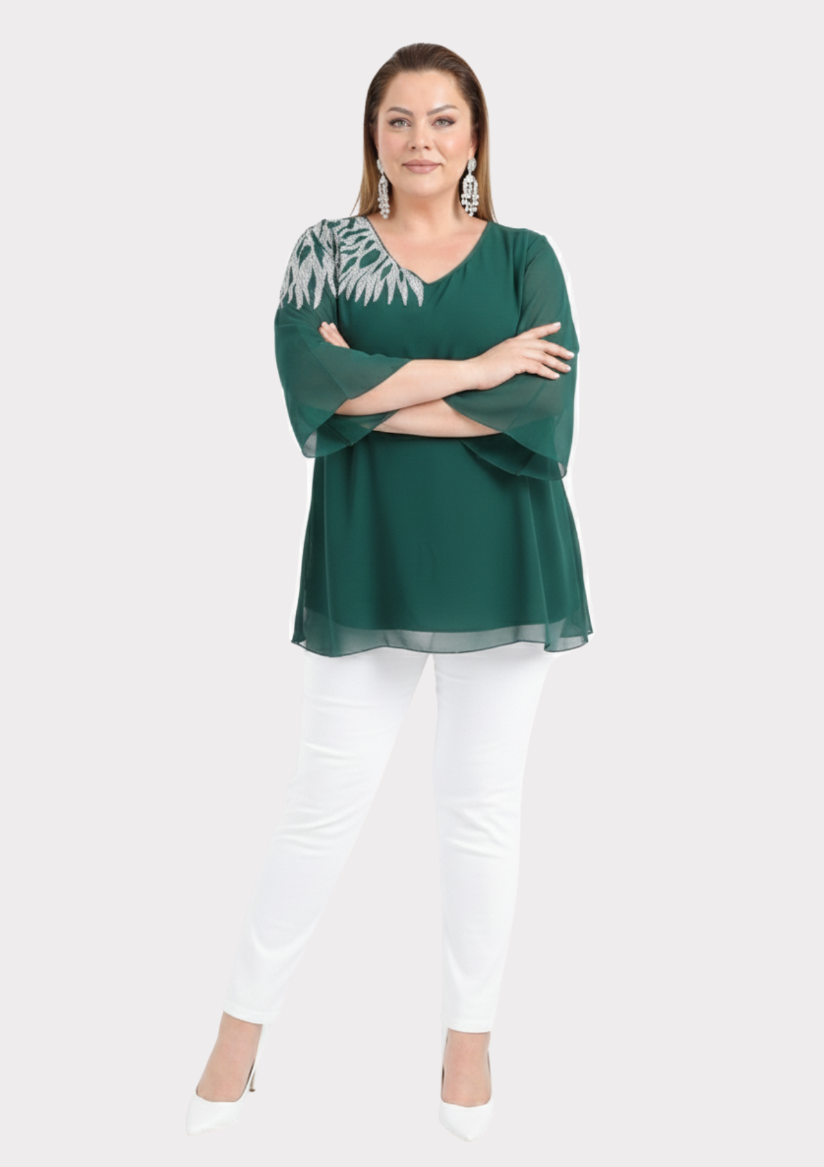 Büyük Beden Yeşil Renkli Şifon V Yaka Abiye Bluz