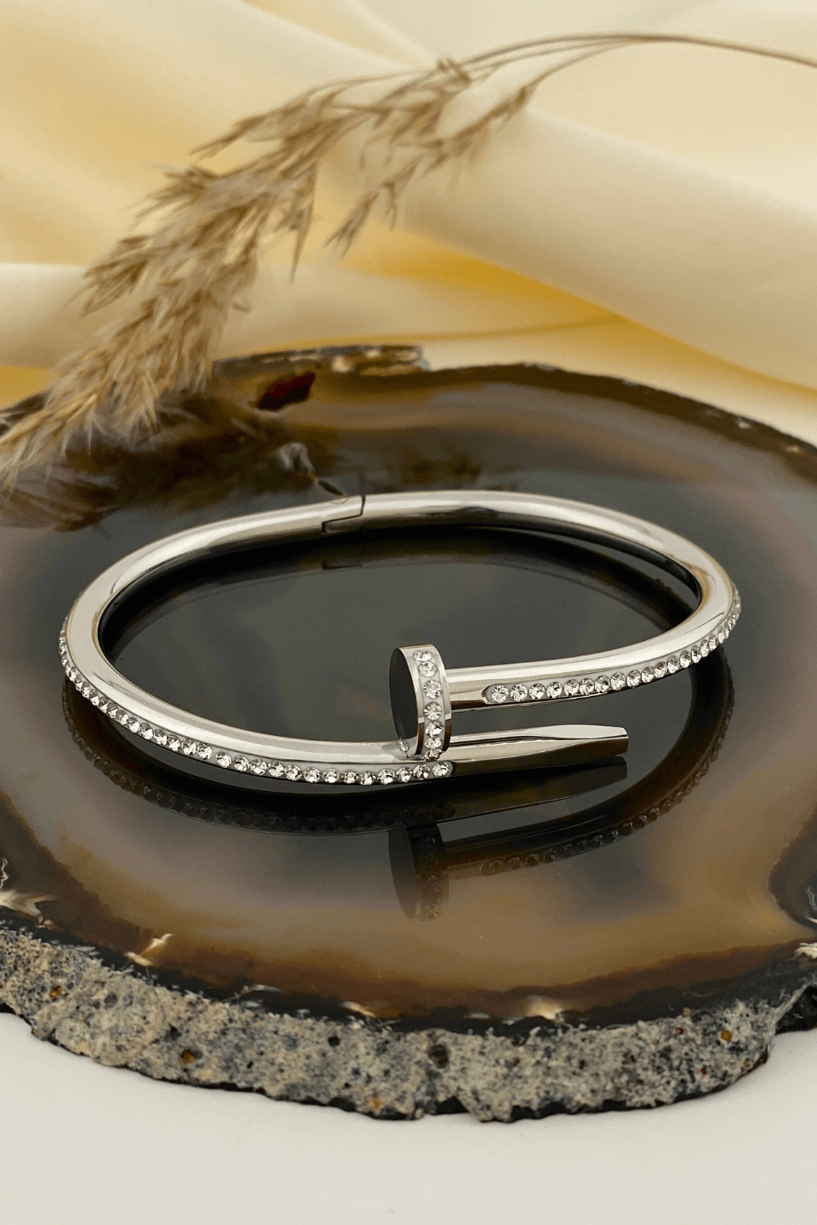 Gümüş Çelik Taşlı Kelepçe Bileklik