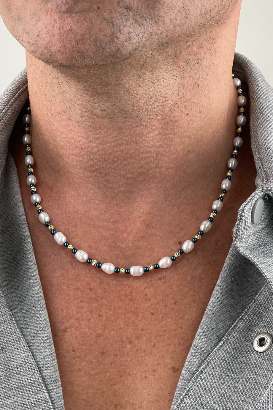 Erkek Gerçek İnci Kolye Mavi Hematit