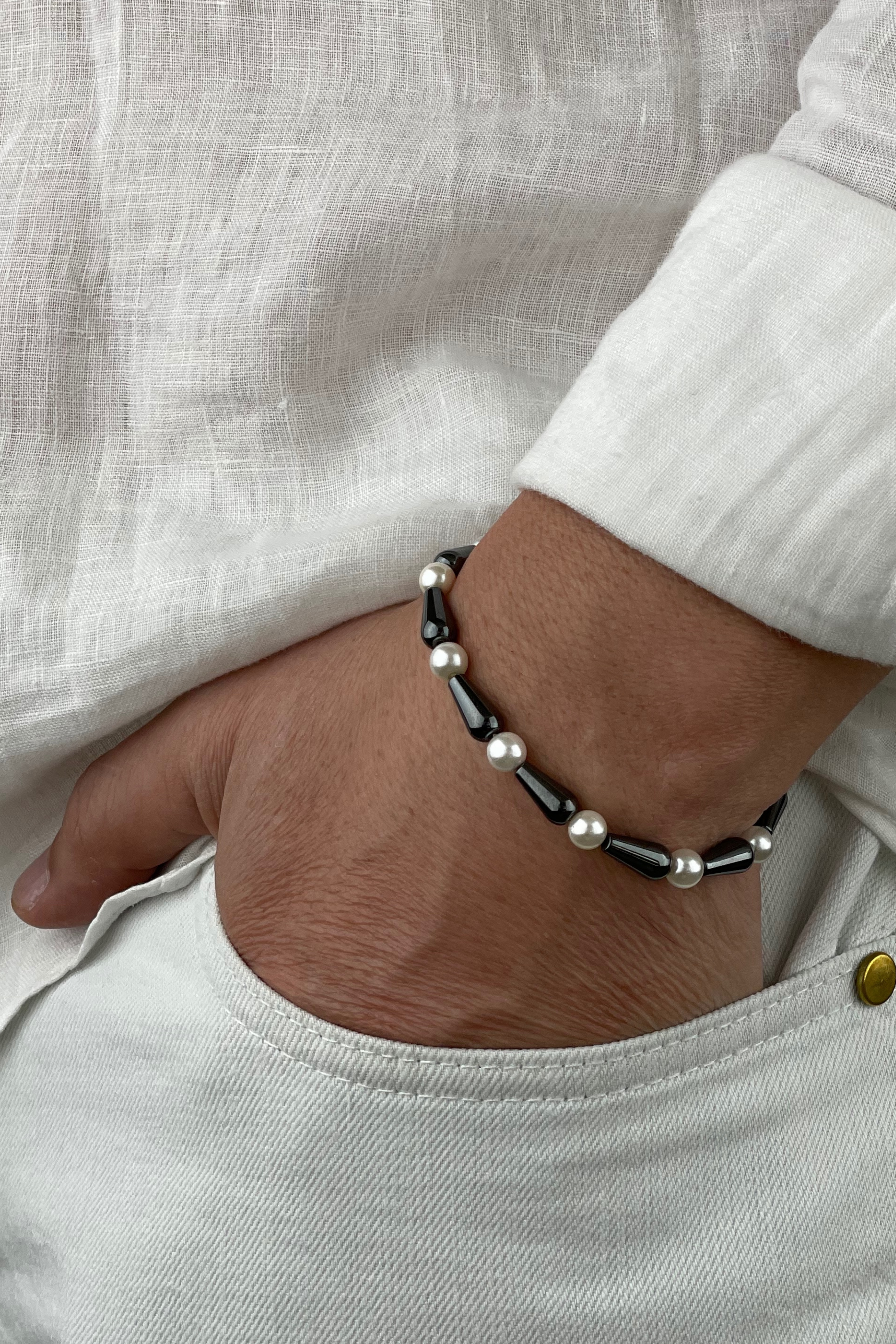 Erkek Hematit Taşlı İnci Bileklik