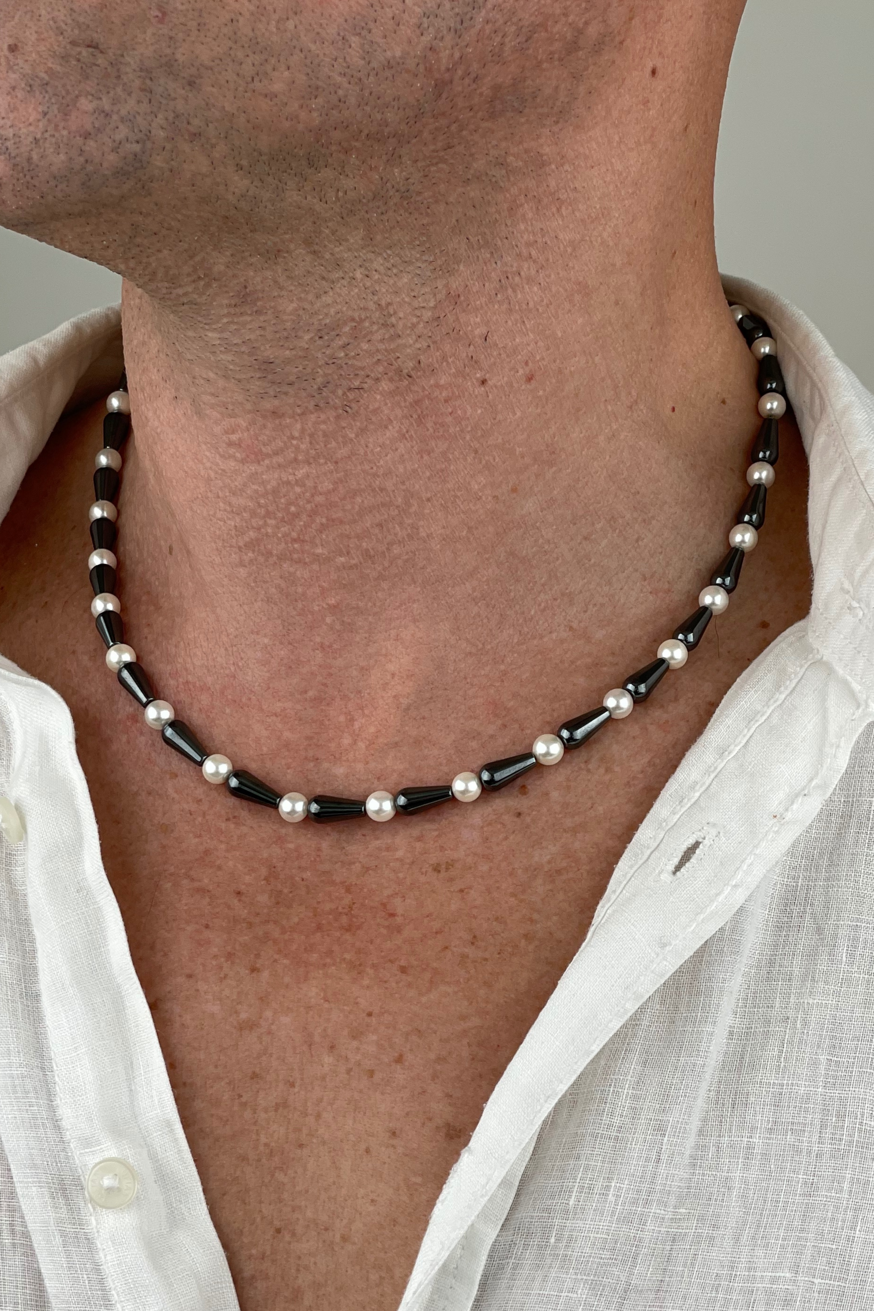 Erkek Hematit Taşlı İnci Kolye