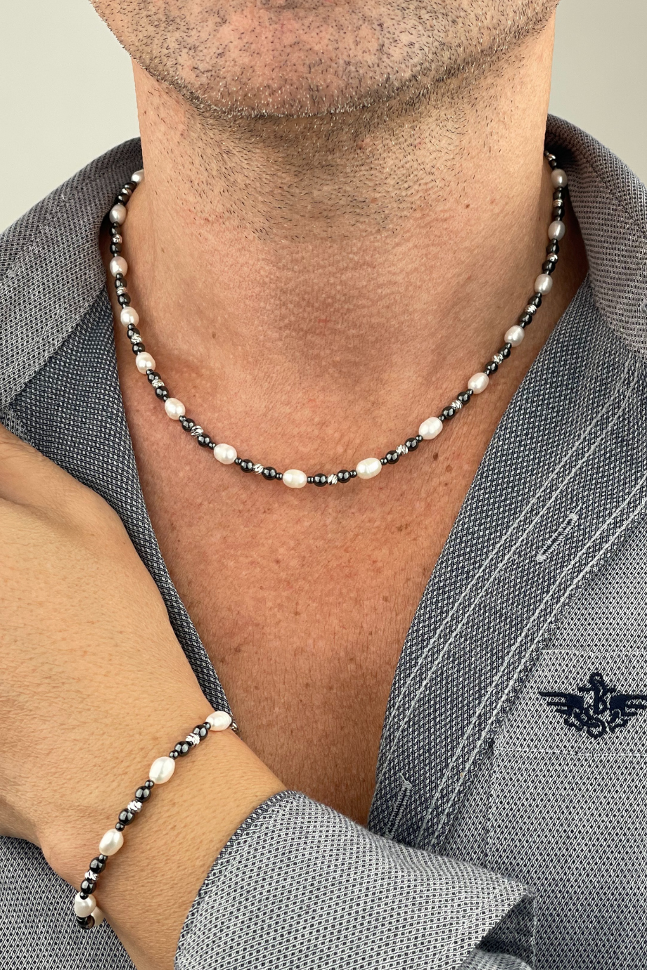 Gerçek İnci Erkek Gümüş Kolye ve Bileklik Seti