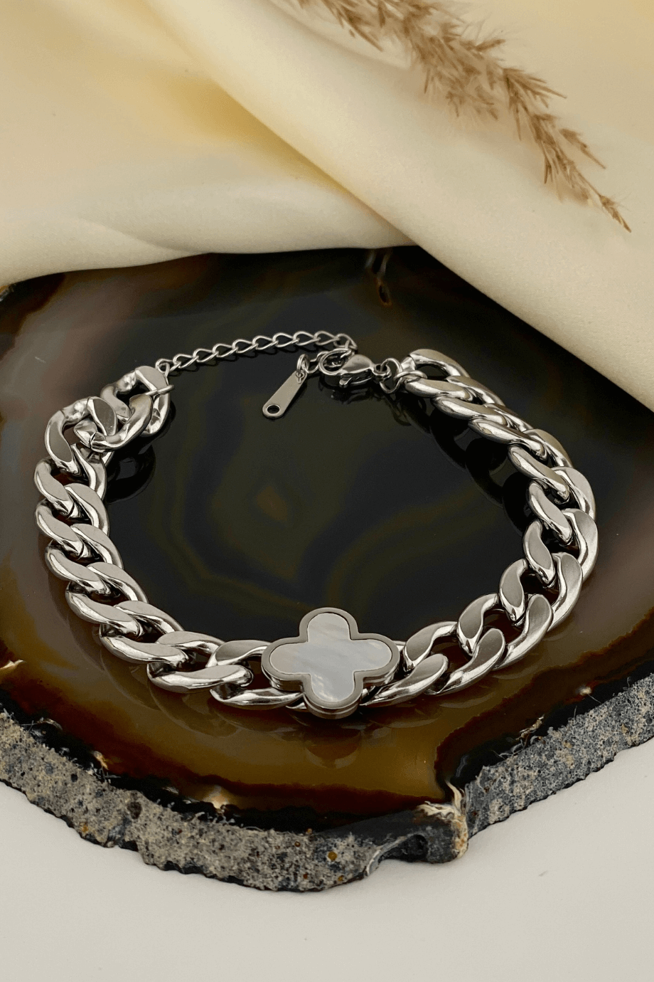 Gümüş Yonca Kalın Zincir Bileklik