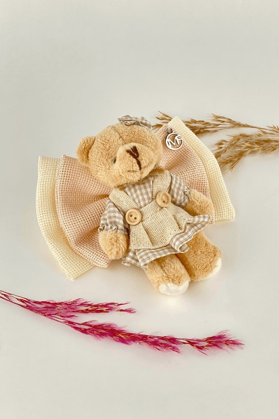 Macfame Bej Fiyonk Detaylı Ayıcıklı Keten Otomatik Toka