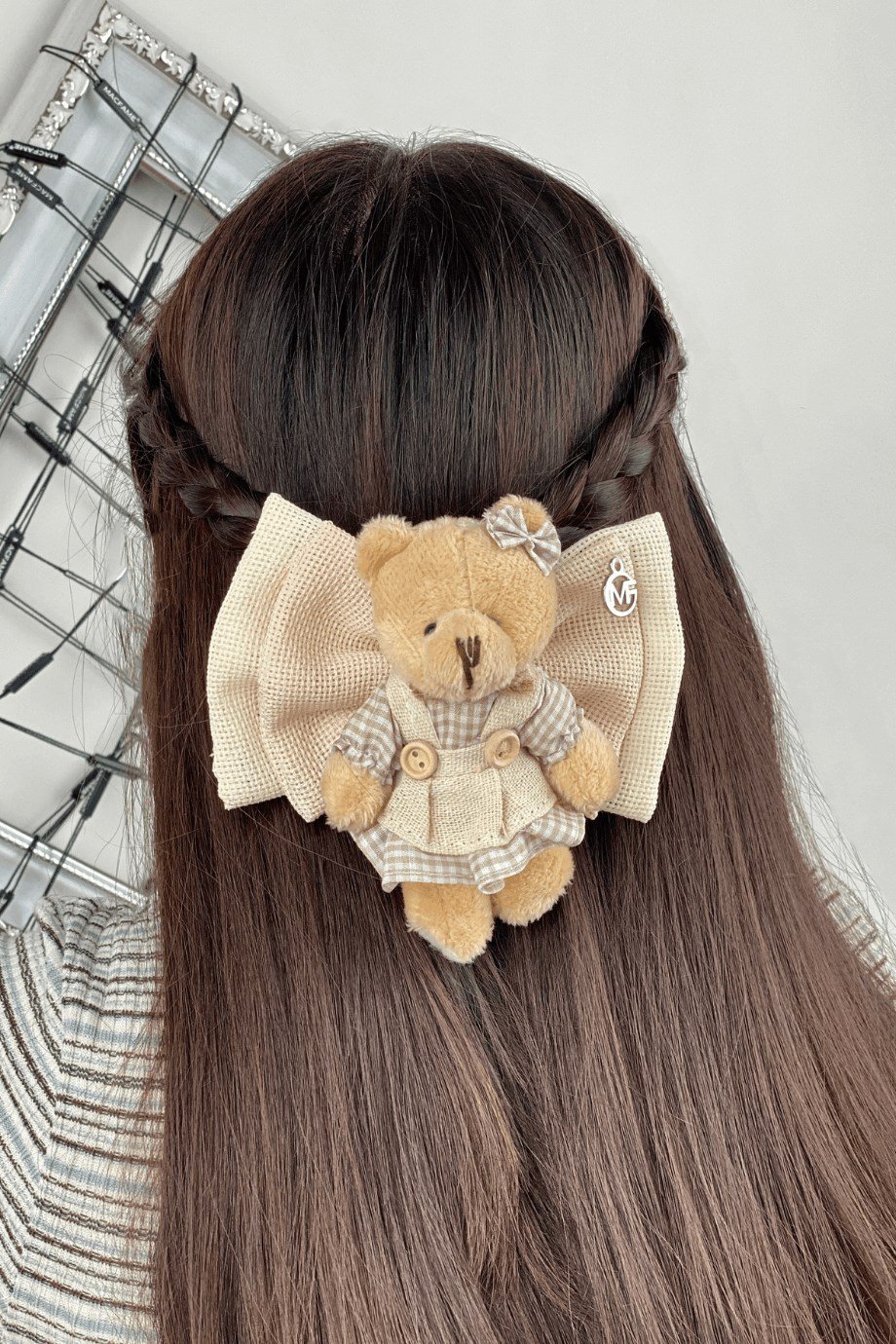 Macfame Bej Fiyonk Detaylı Ayıcıklı Keten Otomatik Toka