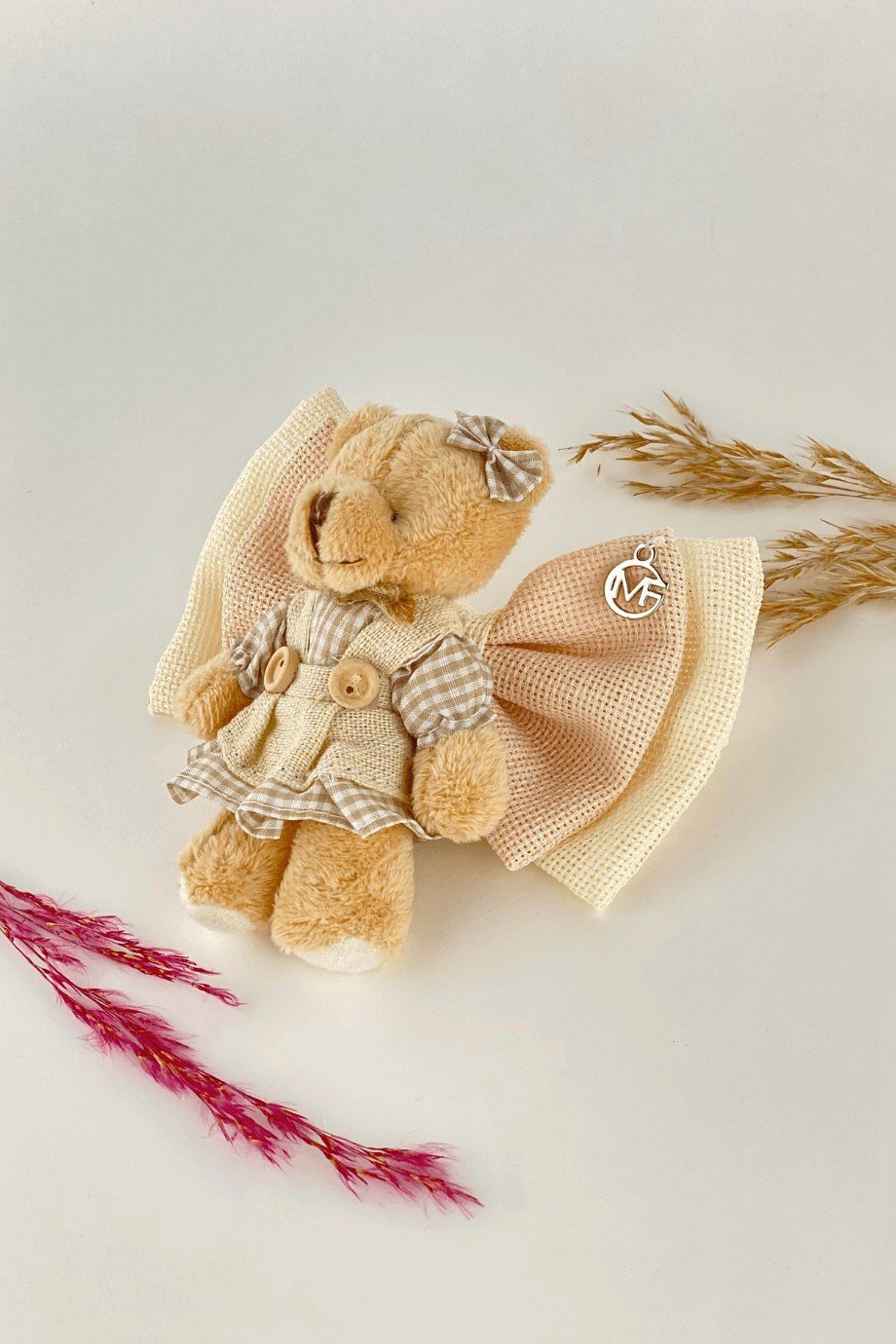 Macfame Bej Fiyonk Detaylı Ayıcıklı Keten Otomatik Toka