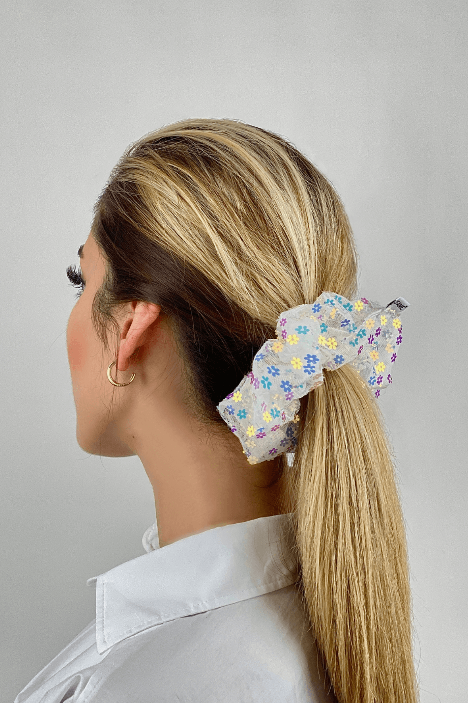 Papatya Pullu Scrunchie Lastik Toka Mavi