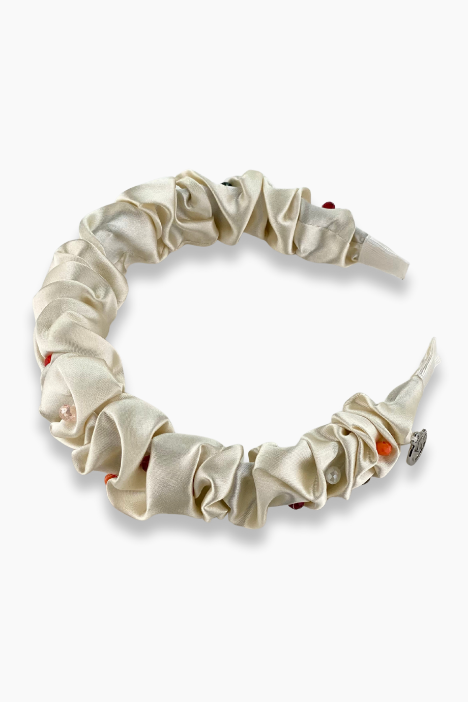 Renkli Kristal Taşlı Saten Taç Ekru