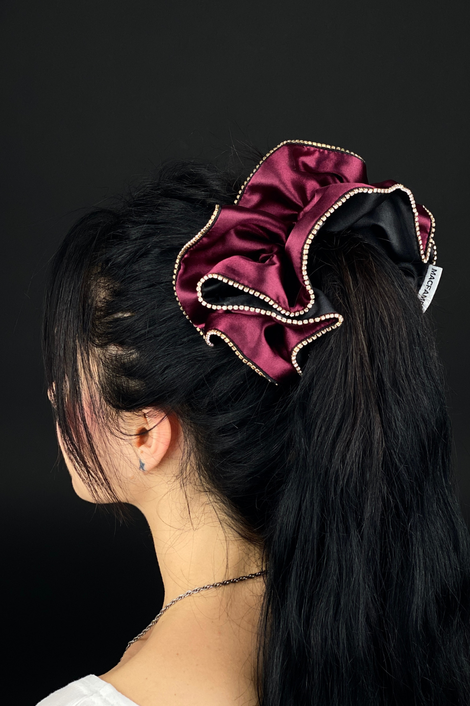 Taşlı Büyük Saten Scrunchie Lastik Toka Bordo
