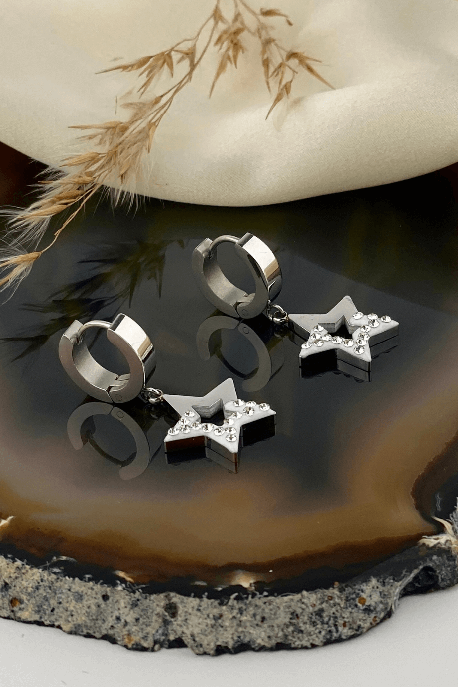 Taşlı Yıldız Çelik Halka Küpe Gümüş