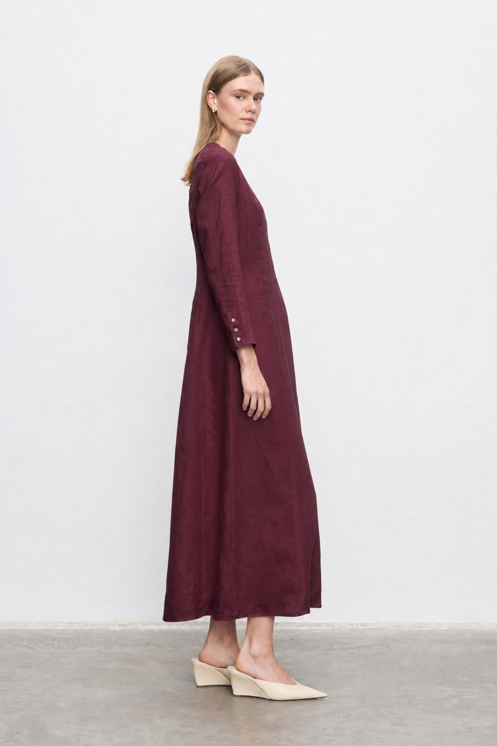 AMANDA %100 KETEN PARÇA DETAY ELBİSE BORDO