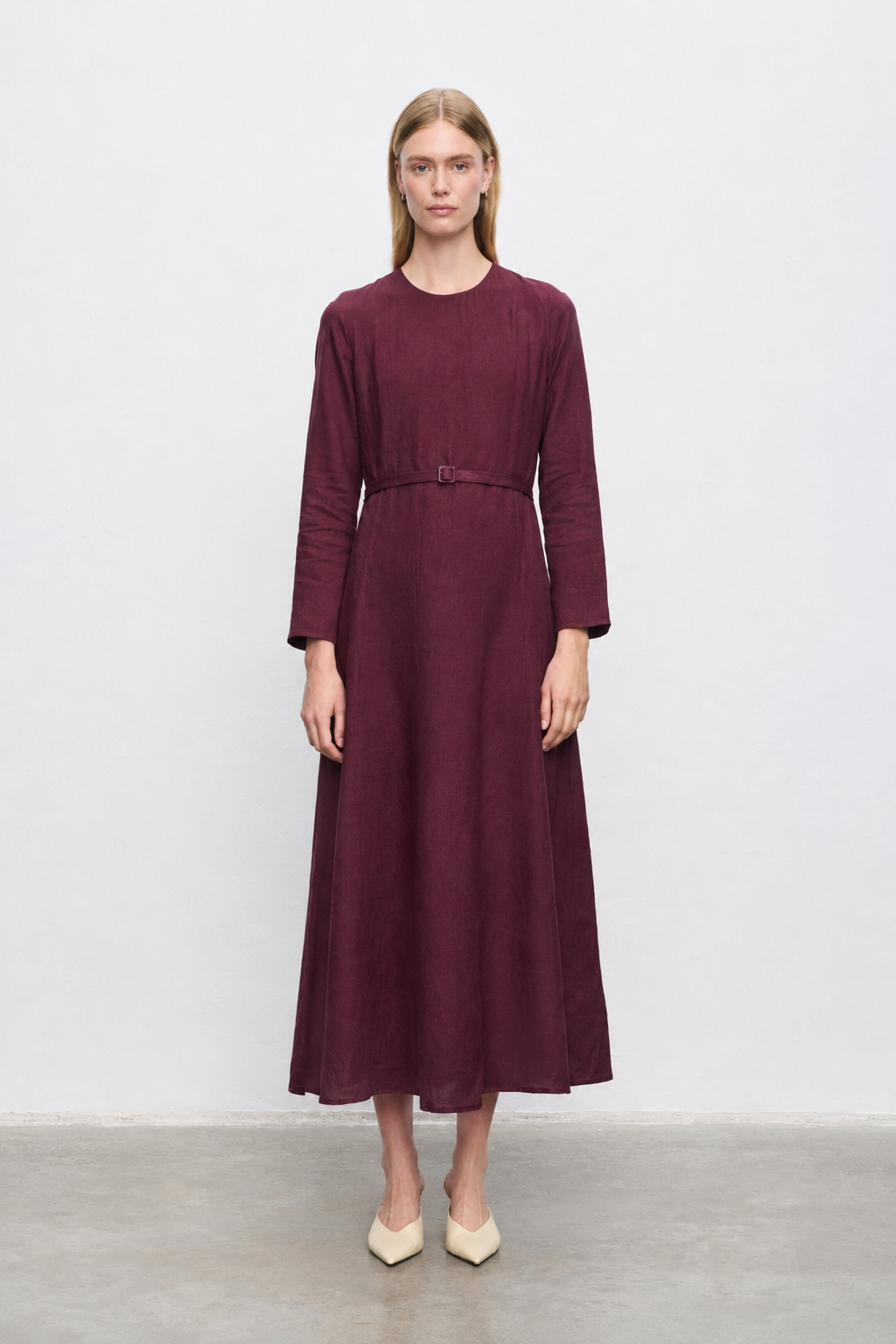 AMANDA %100 KETEN PARÇA DETAY ELBİSE BORDO