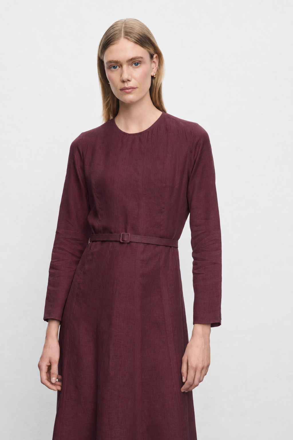 AMANDA %100 KETEN PARÇA DETAY ELBİSE BORDO