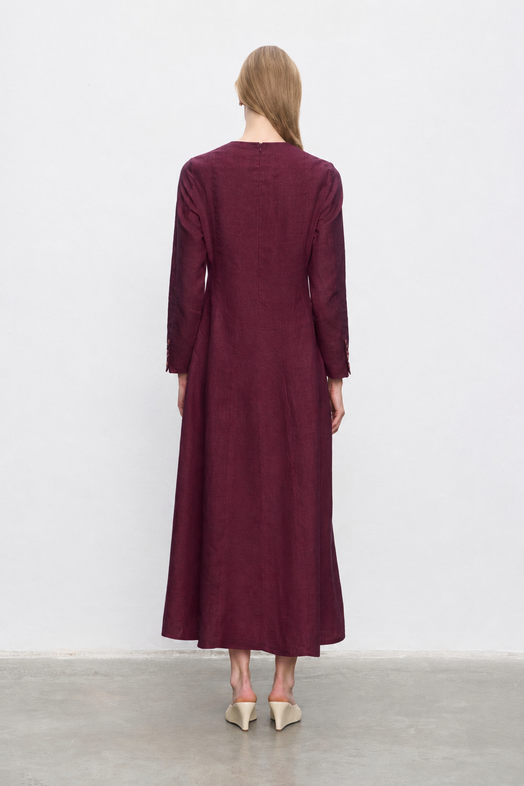 AMANDA %100 KETEN PARÇA DETAY ELBİSE BORDO