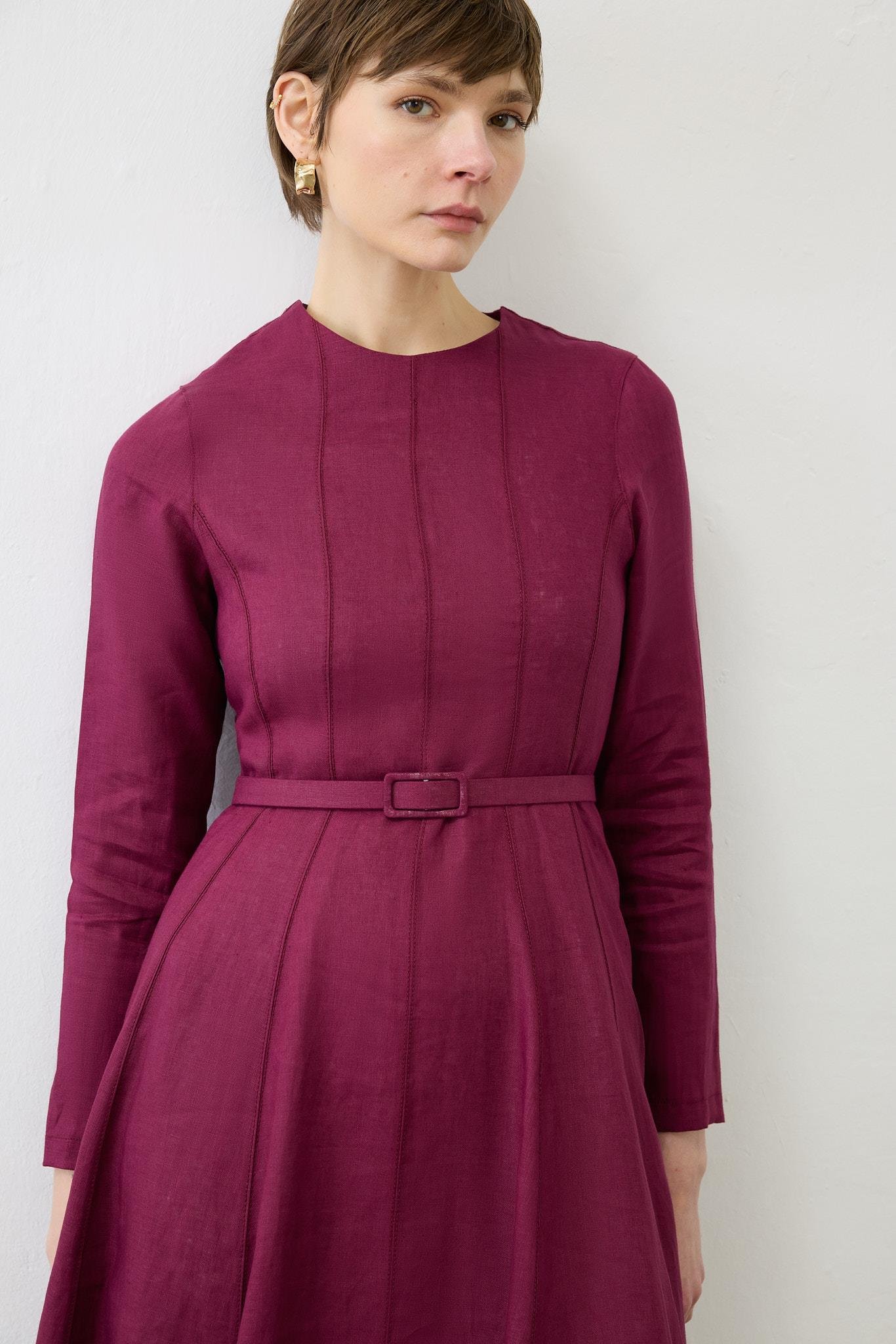 CLARA %100 KETEN OTURTMALI ELBİSE BORDO