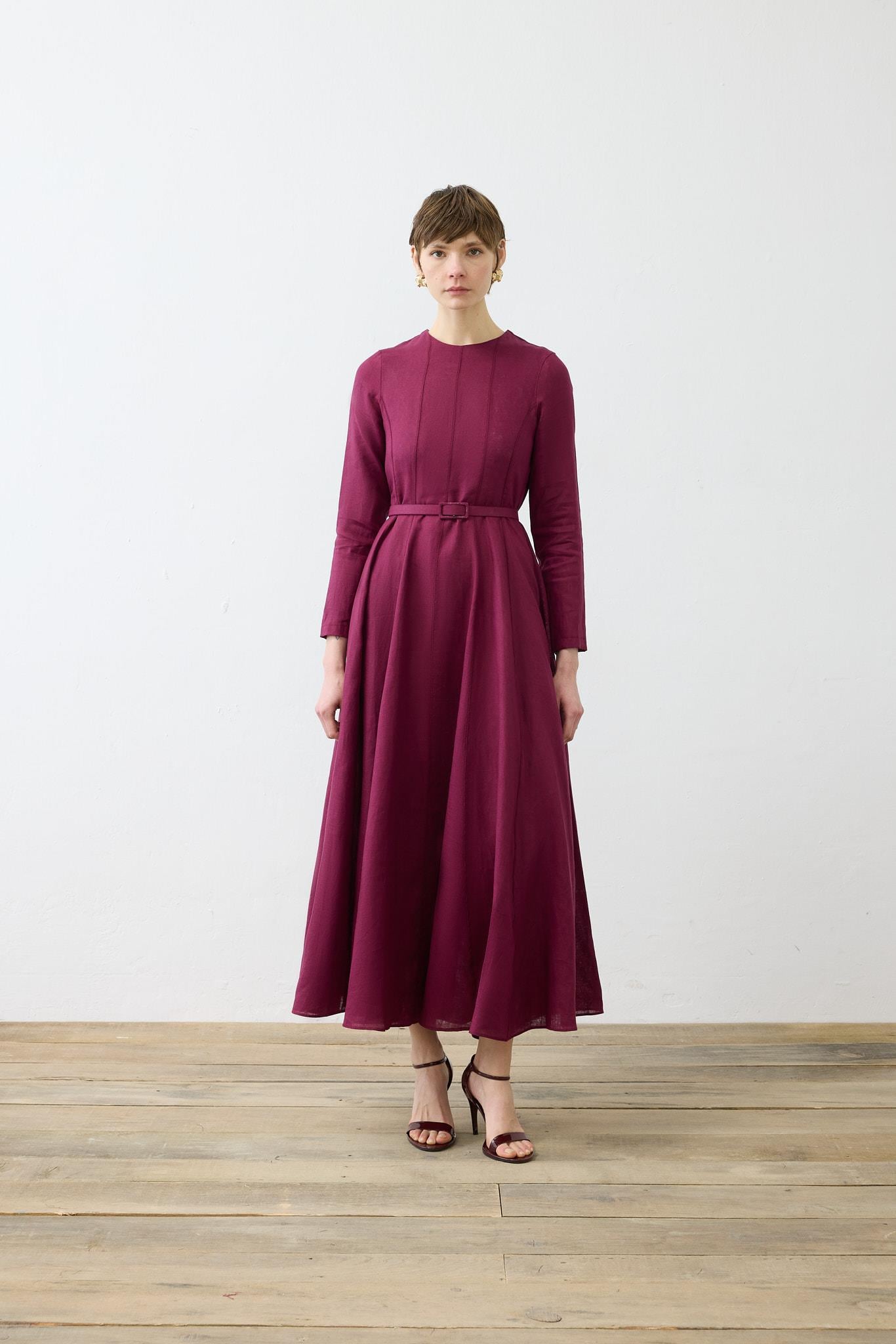 CLARA %100 KETEN OTURTMALI ELBİSE BORDO