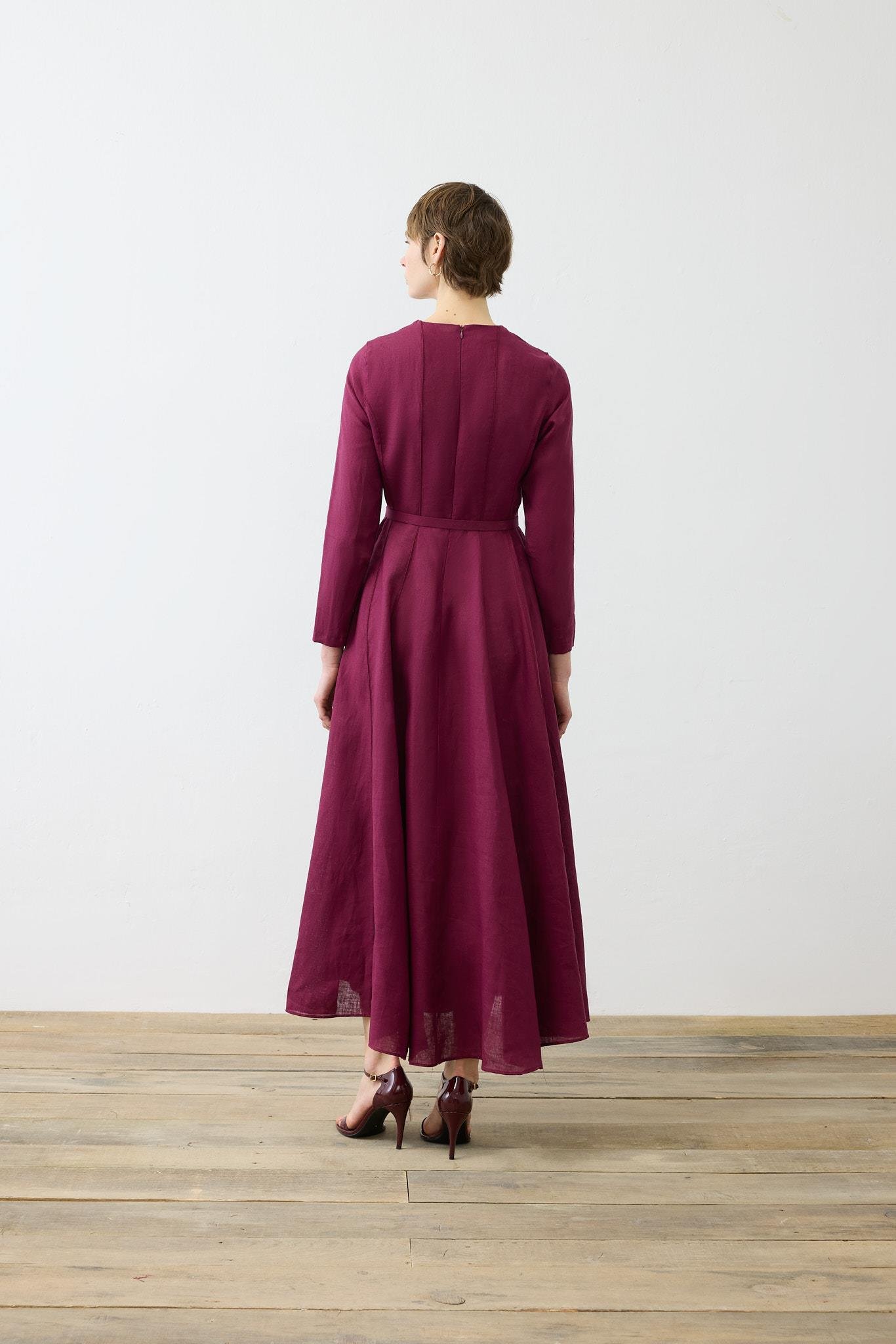CLARA %100 KETEN OTURTMALI ELBİSE BORDO