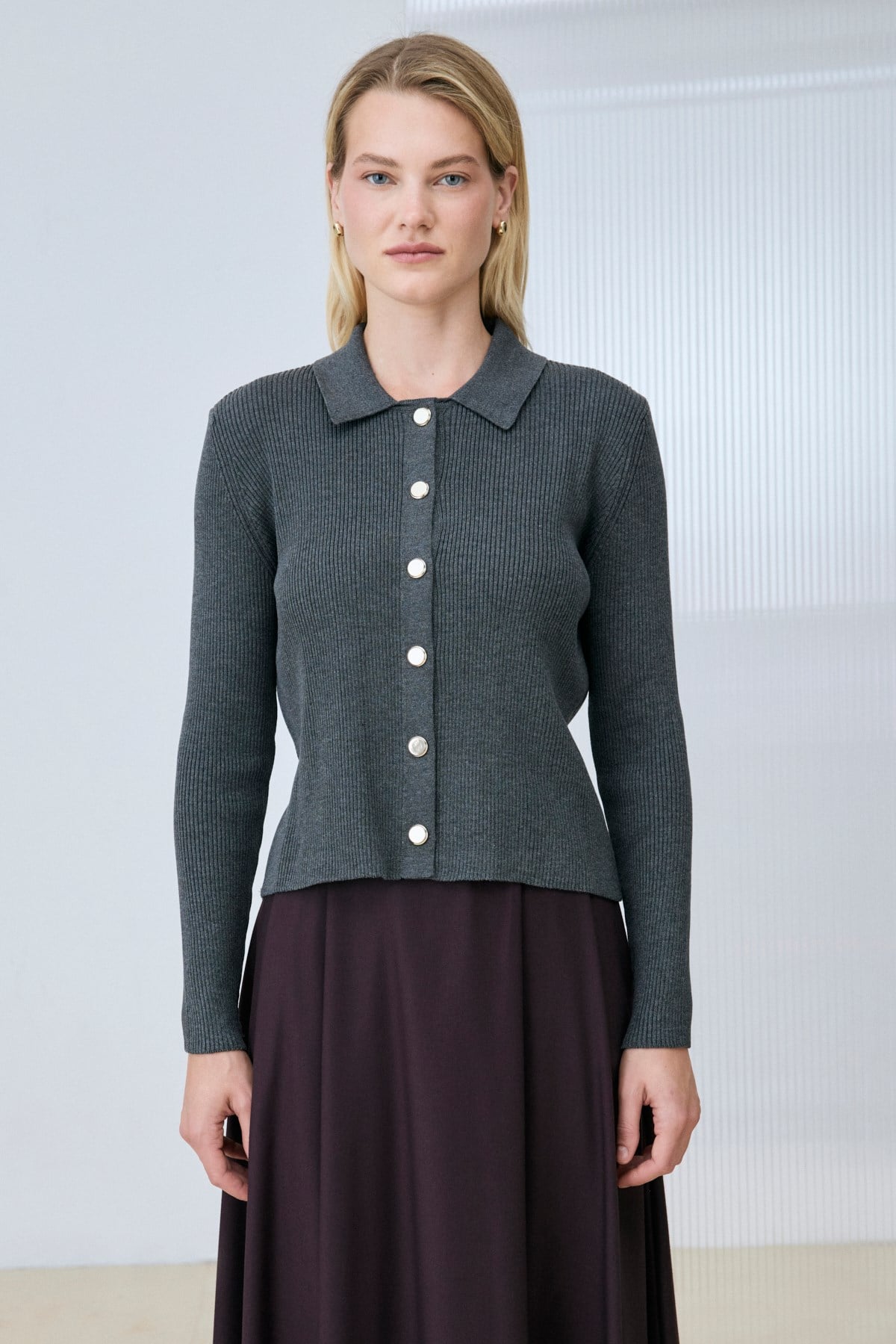GOLD COTTON KNIT CARDIGAN GRAY