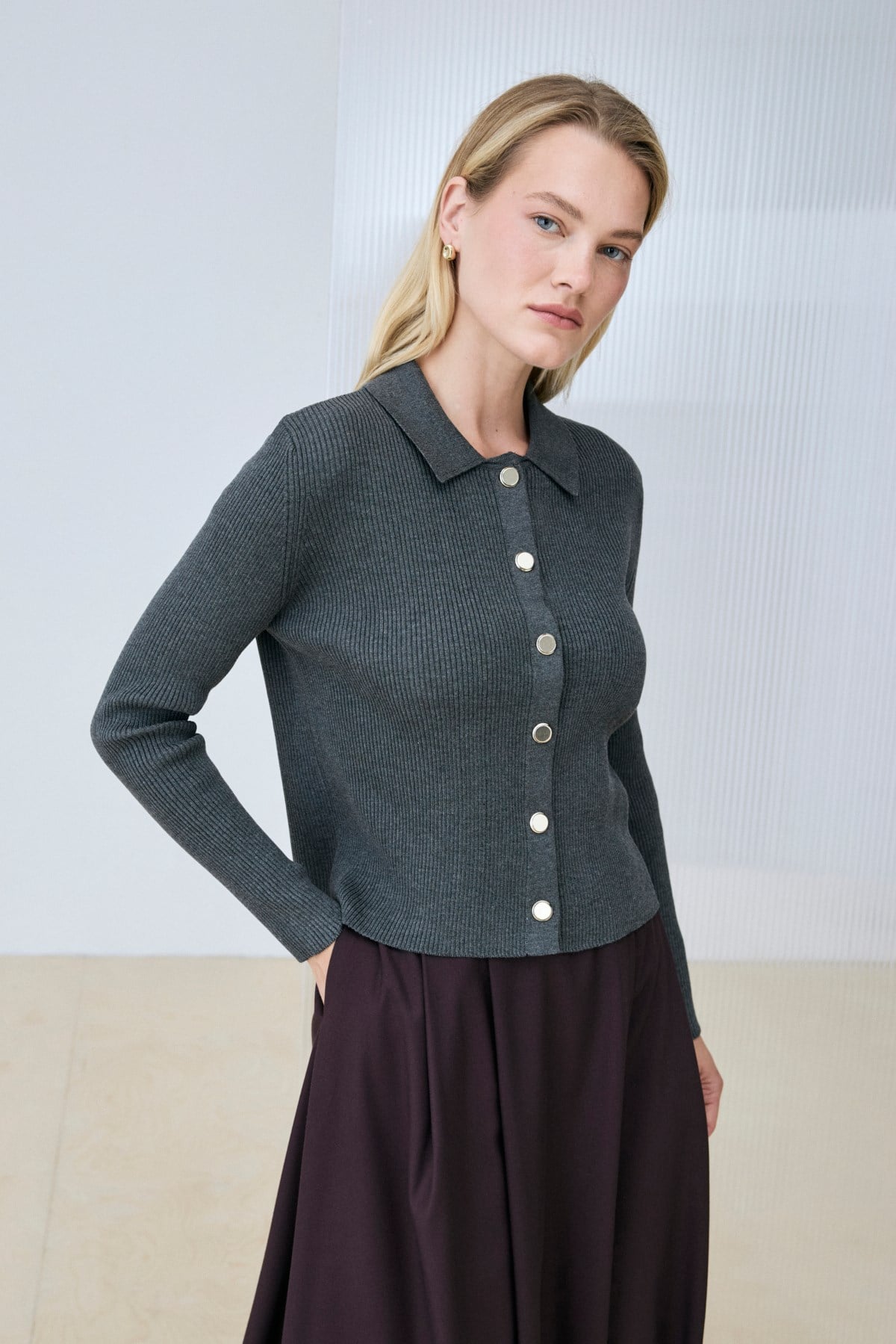 GOLD COTTON KNIT CARDIGAN GRAY