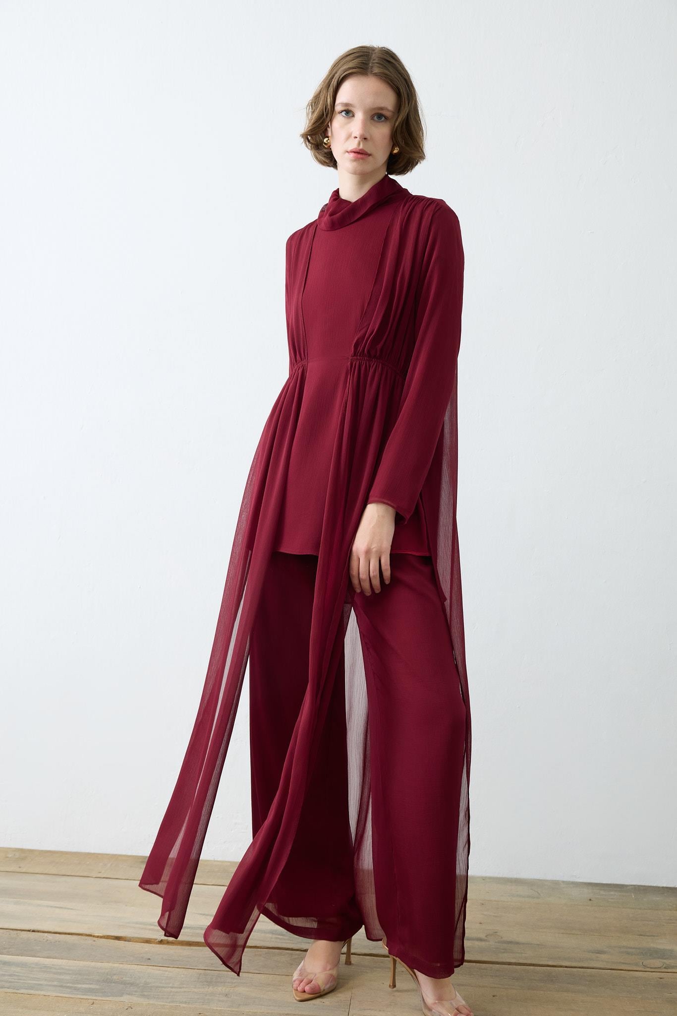 HELEN DOKULU ŞİFON PANTOLONLU TAKIM BORDO
