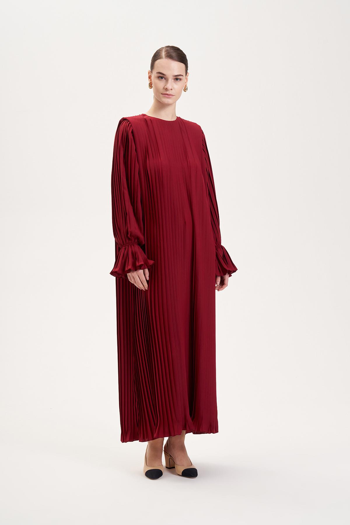 KAREN KREP PLİSE ELBİSE BORDO
