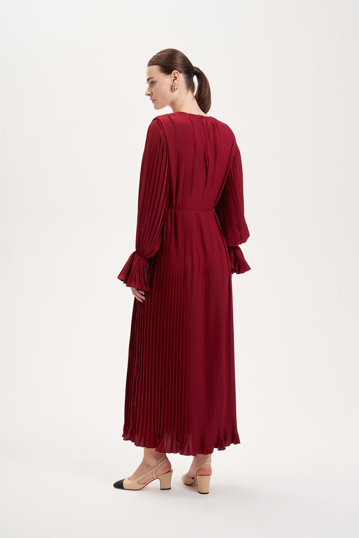KAREN KREP PLİSE ELBİSE BORDO