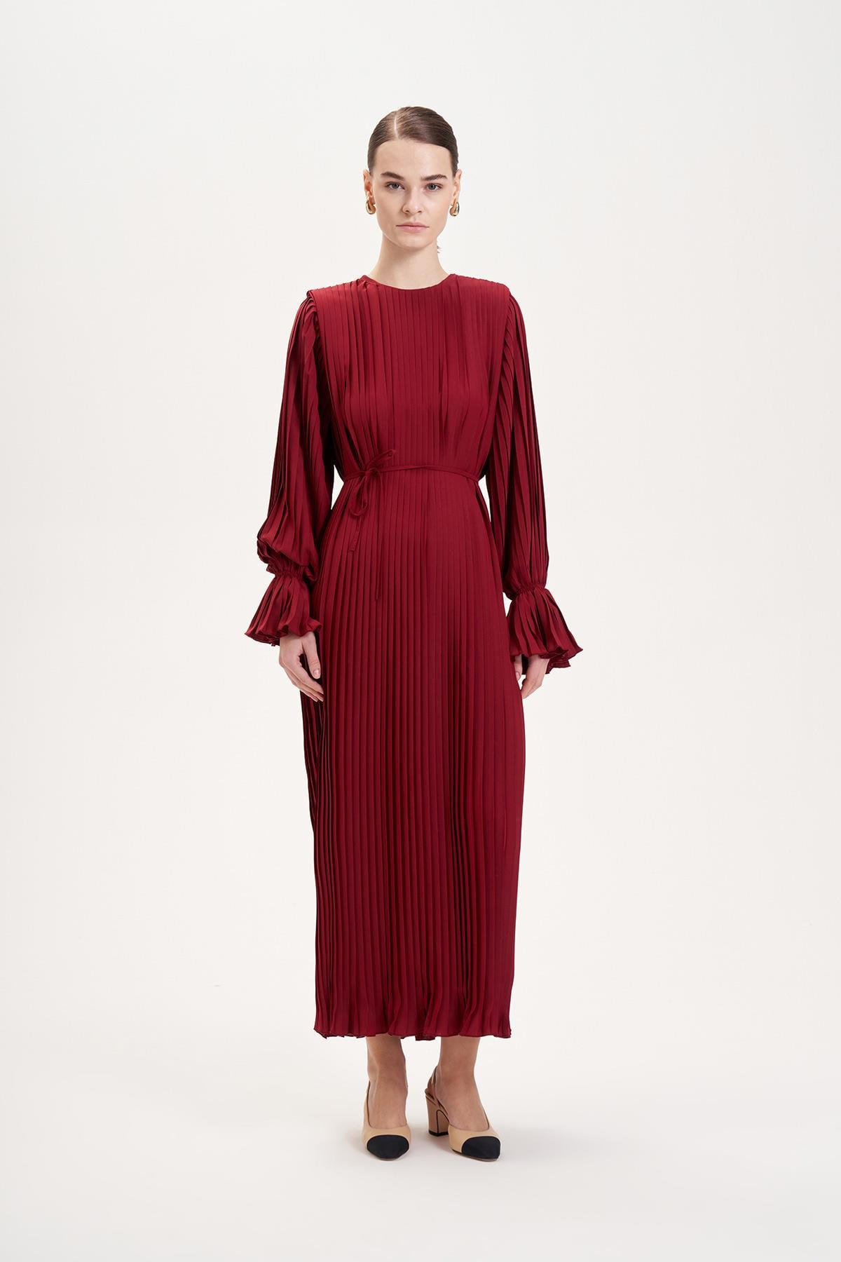KAREN KREP PLİSE ELBİSE BORDO