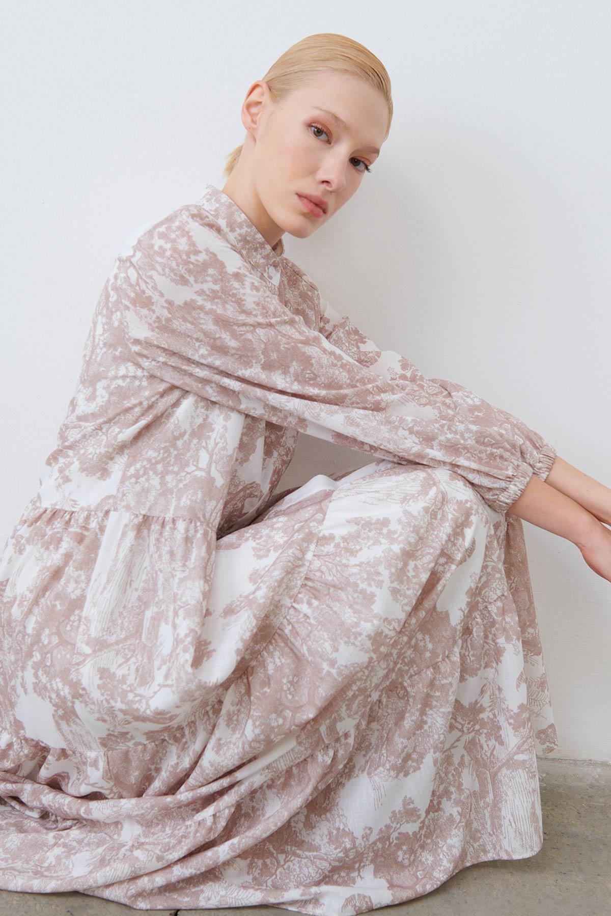 LADY PATTERNED LINEN LAYERED DRESS MINK