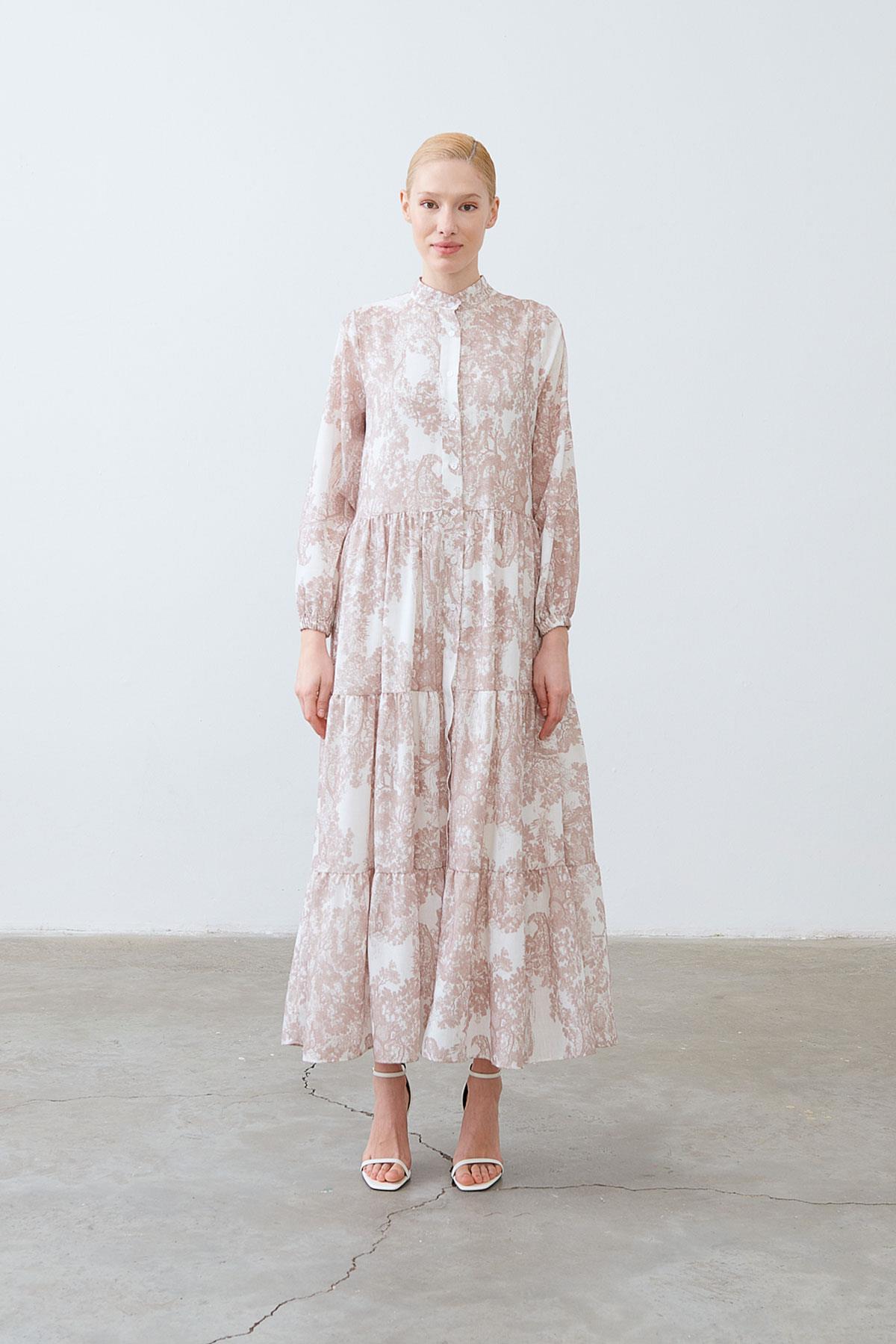 LADY PATTERNED LINEN LAYERED DRESS MINK